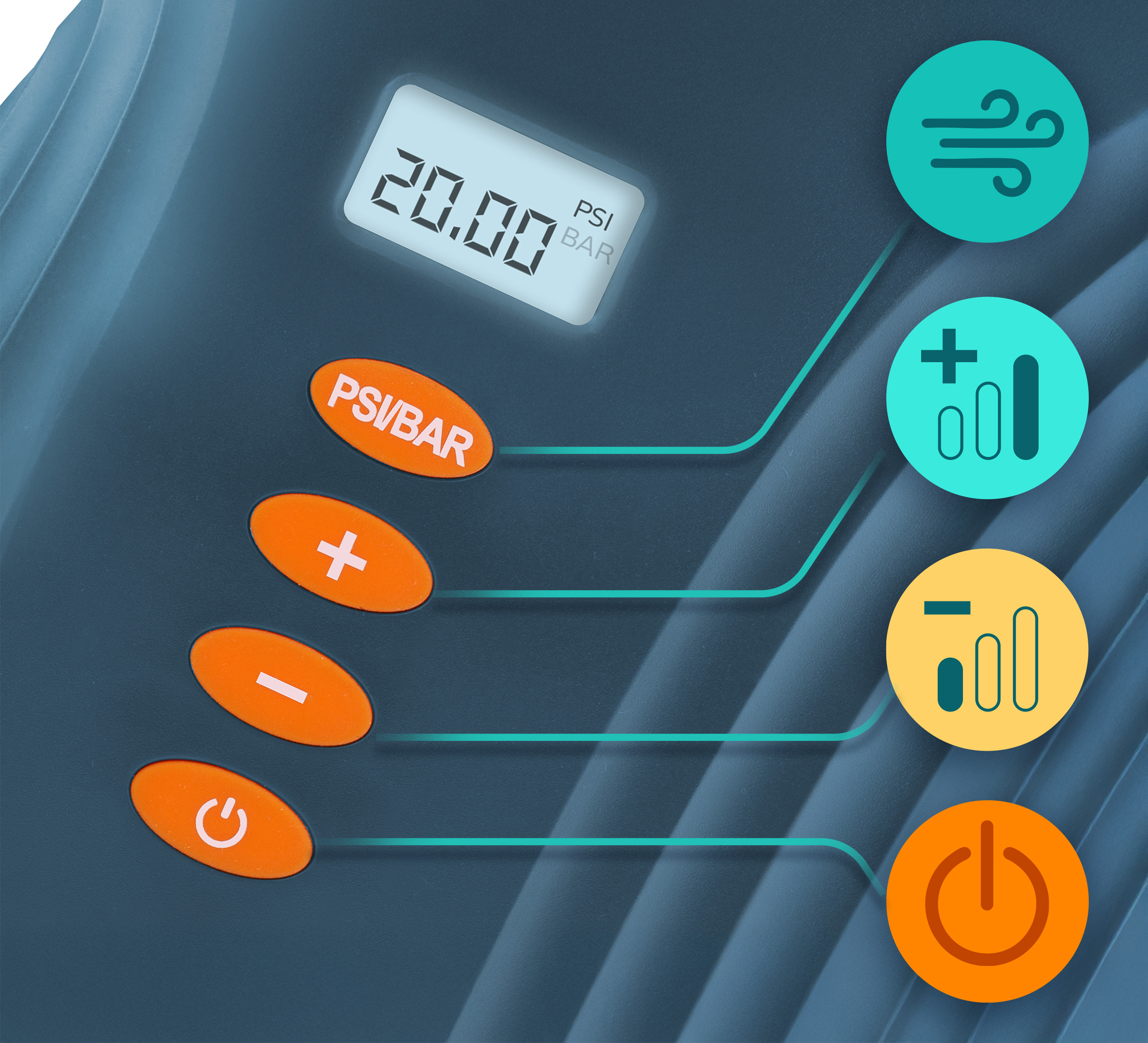 Wyświetlacz cyfrowy pokazuje 20.00 PSI. Przyciski: PSI/BAR, Plus, Minus i Zasilanie.
