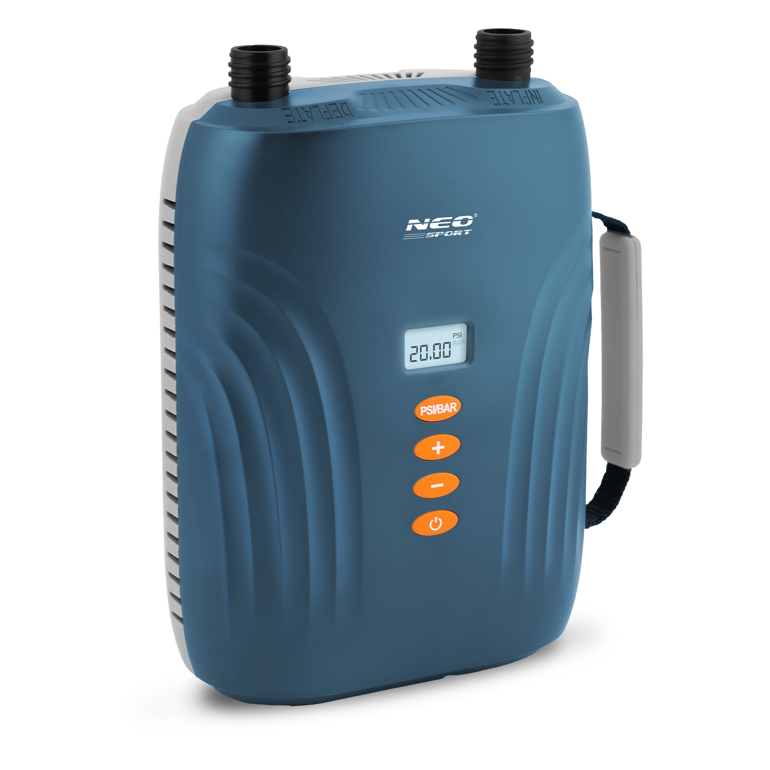 Niebiesko-biała elektryczna pompa powietrza z cyfrowym wyświetlaczem.