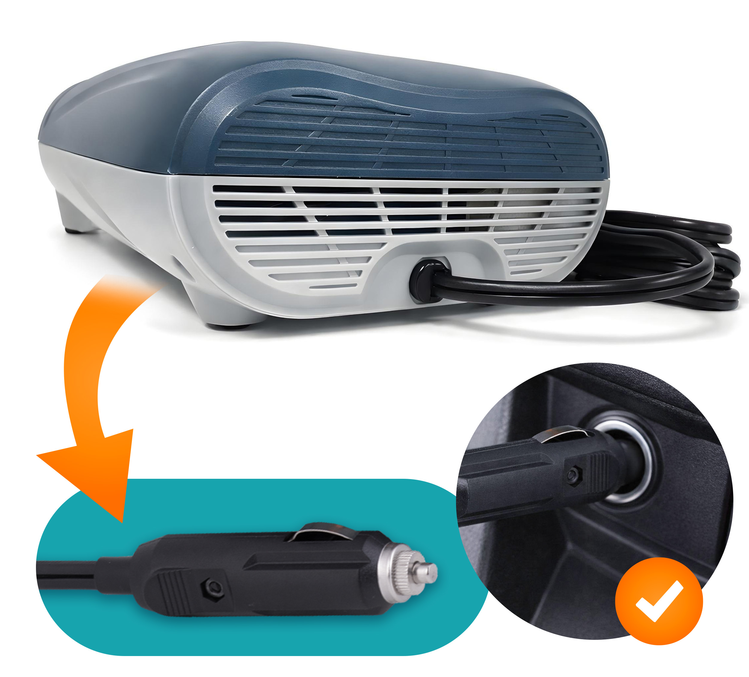 Niebiesko-białe urządzenie z kablem zasilającym i adapterem samochodowym. Zaznaczenie wskazuje poprawne podłączenie.