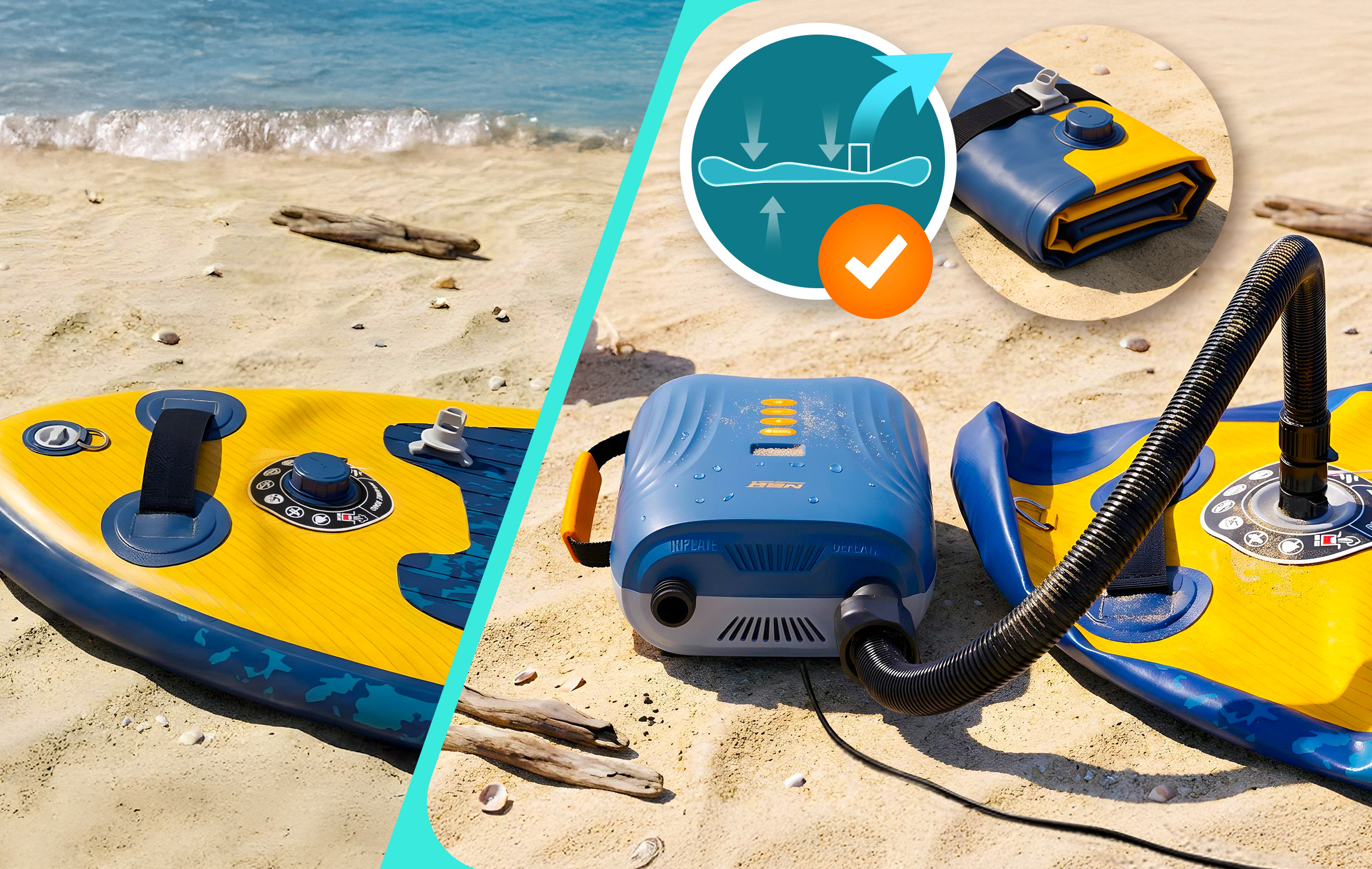 Nadmuchiwane SUP i pompka na plaży. Woda w tle.