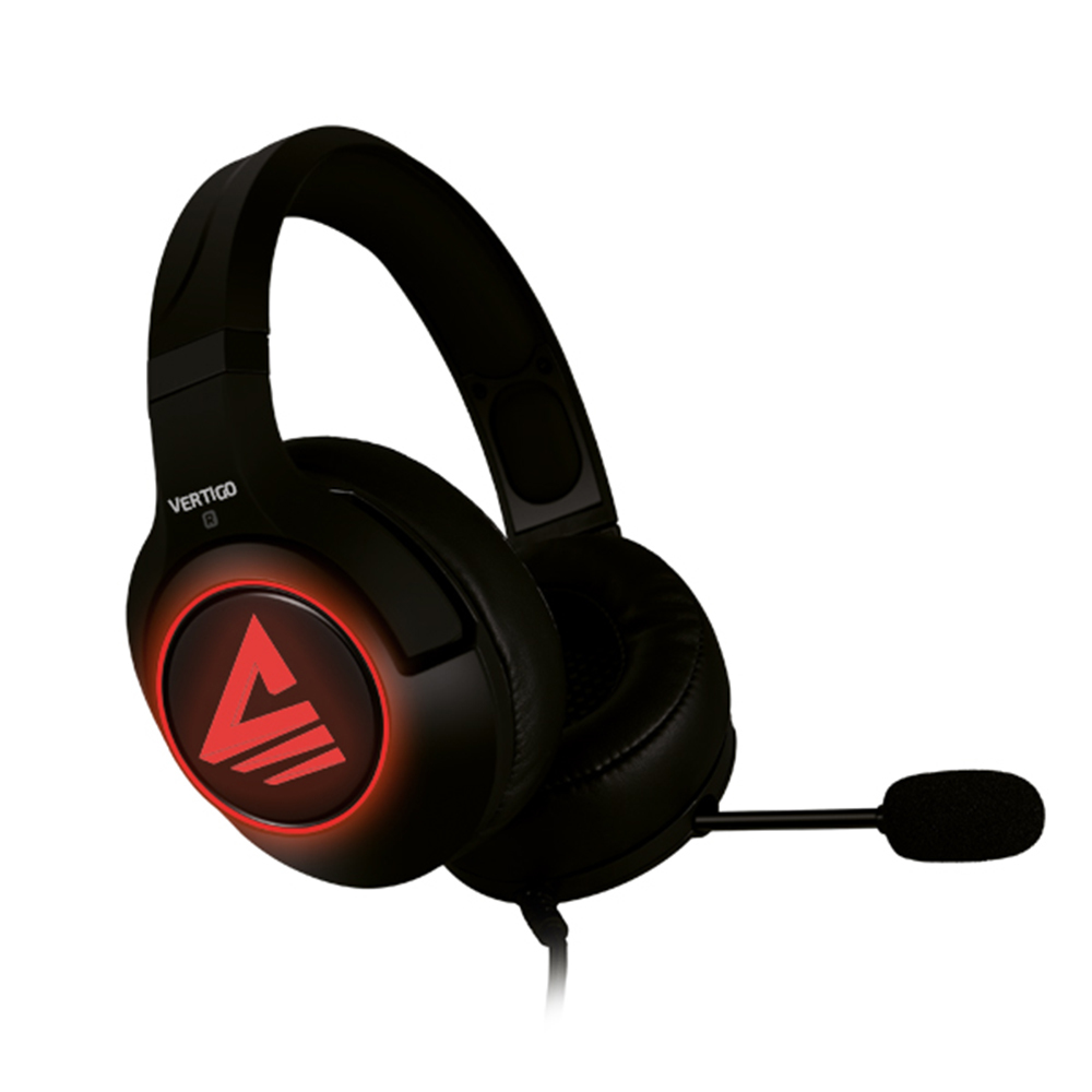 Cuffie gaming nere con logo rosso illuminato e microfono.