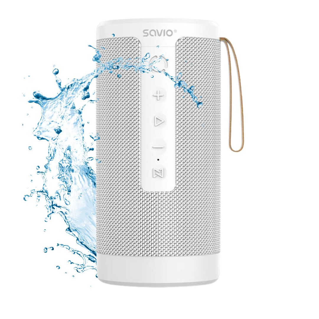 Biały głośnik Savio z rozpryskującą się wodą. Ma sznurek.