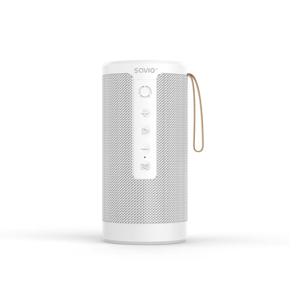 Biały przenośny głośnik Savio z beżowym paskiem. Przyciski z przodu.