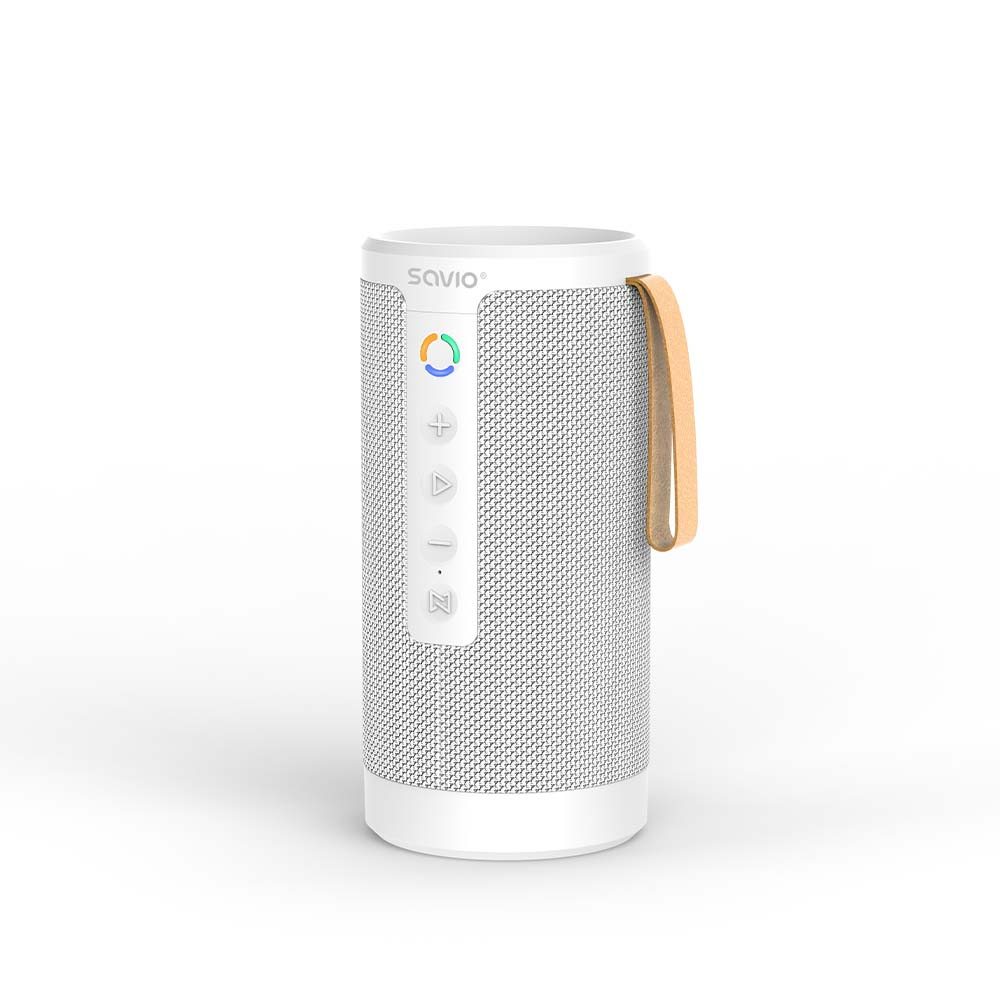 Biały głośnik Savio ze skórzanym paskiem i przyciskami sterującymi.