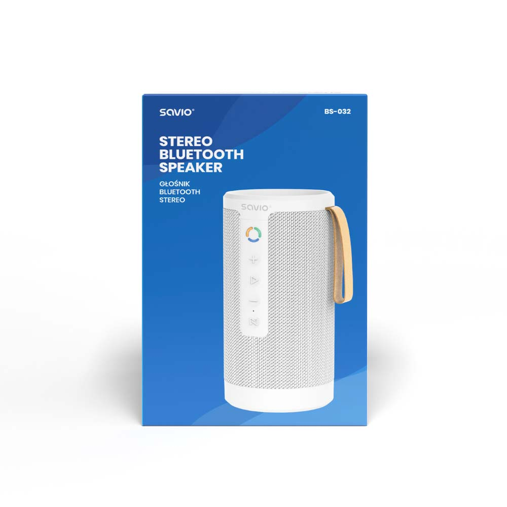 Biały głośnik Bluetooth Savio z beżowym uchwytem na opakowaniu.