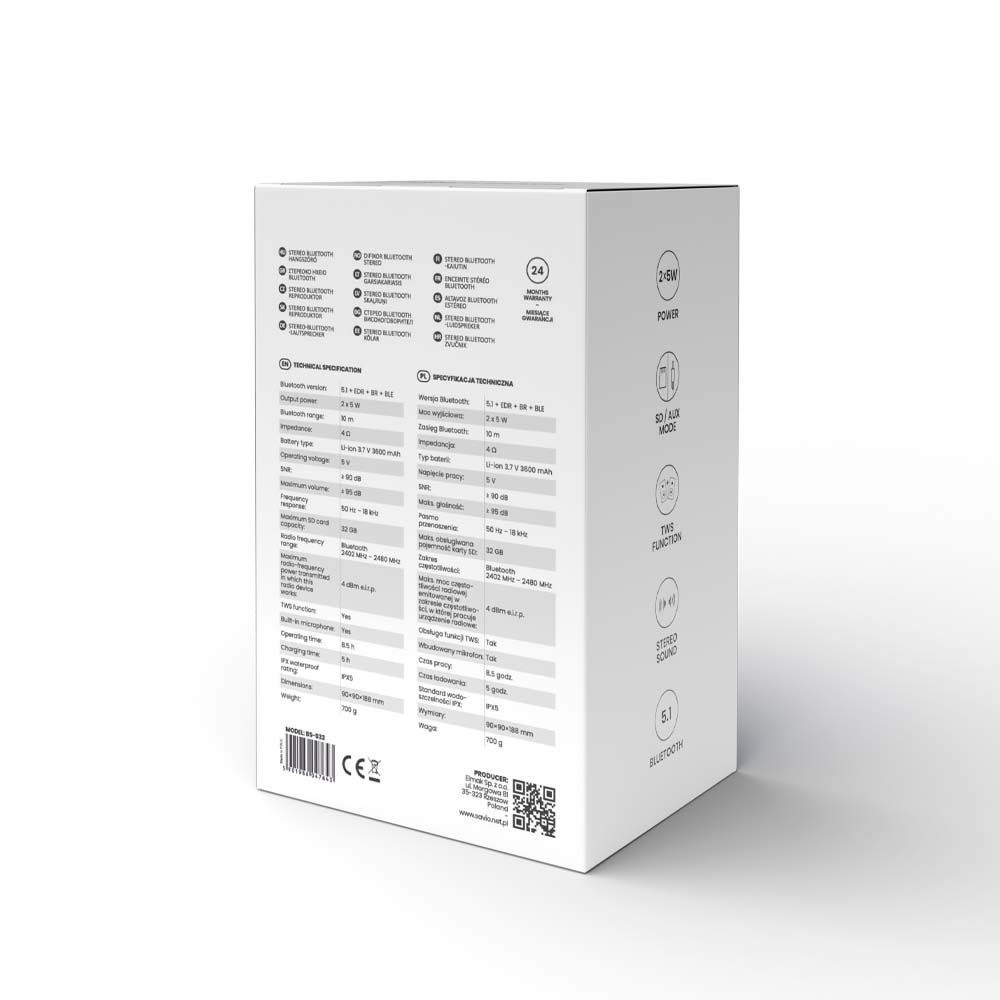 Białe pudełko ze specyfikacją techniczną i ikonami Bluetooth, TWS, zasilania. Moc 2x5W.