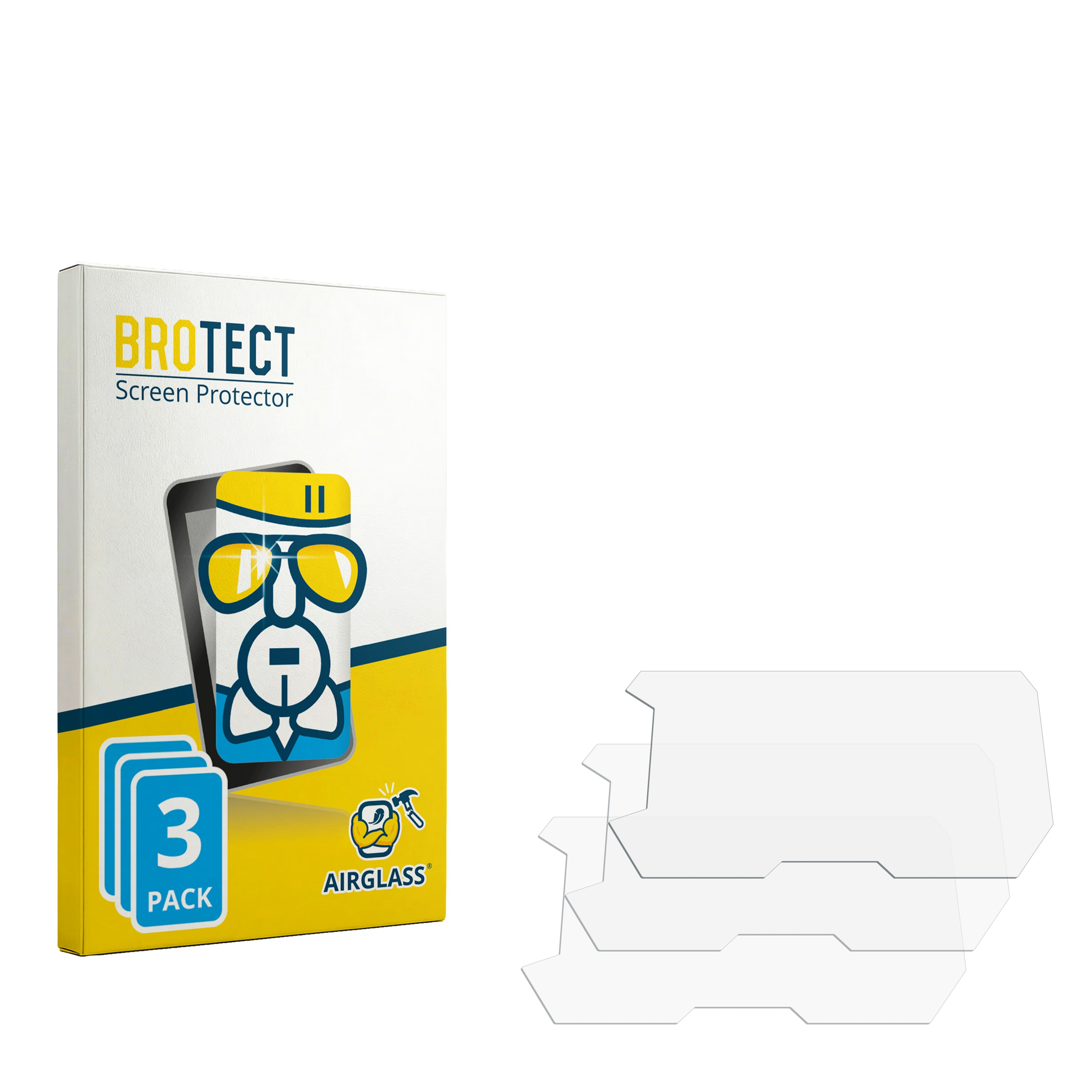 Verpackung mit drei Displayschutzfolien und einer Illustration eines lustigen Charakters.