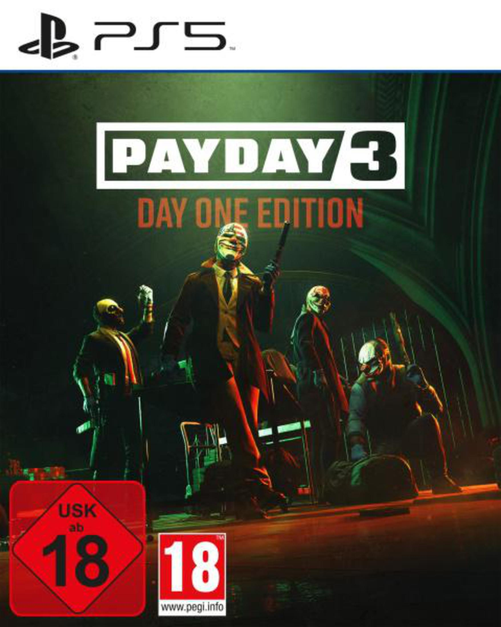 Gioco PS5 "Payday 3 Day One Edition" con personaggi mascherati.