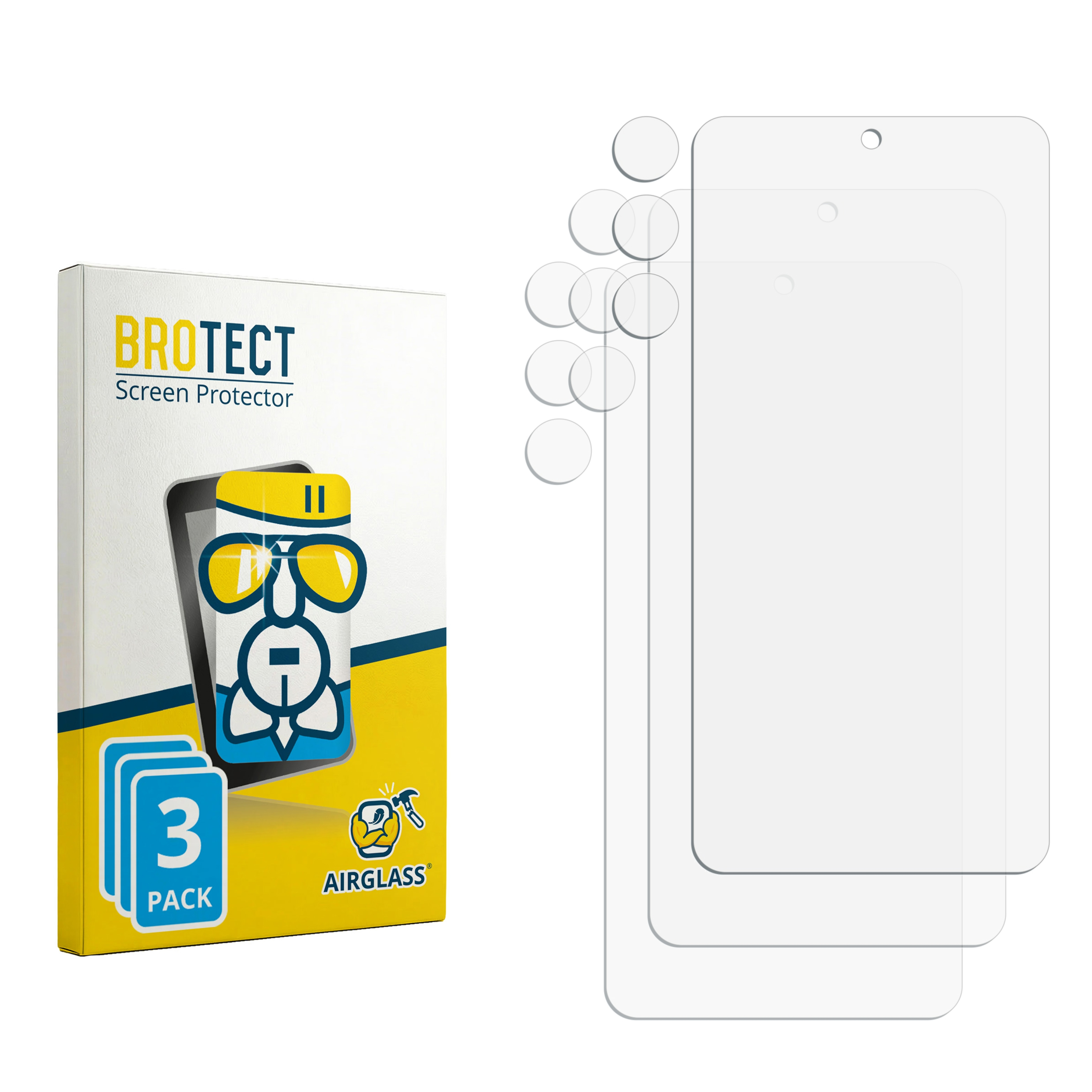 BROTECT Displayschutzfolie: Verpackung und drei transparente Schutzfolien.