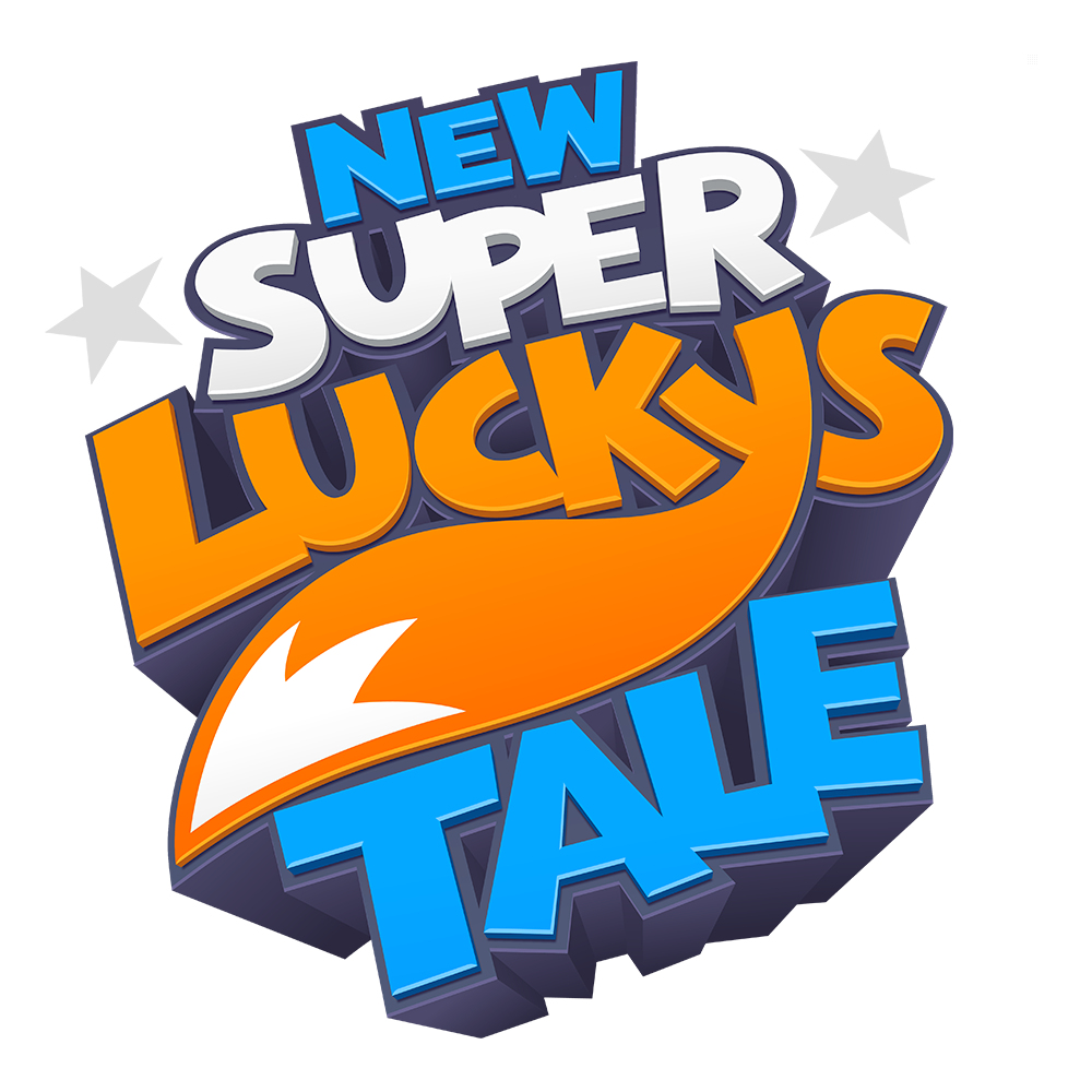 Logo de "New Super Lucky's Tale" con cola naranja y estrellas azules.