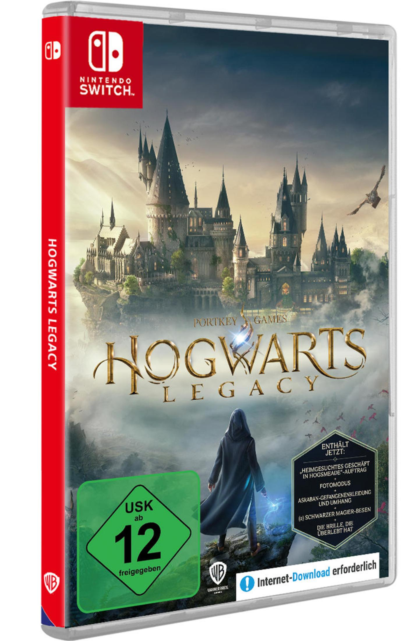 Copertina Nintendo Switch Hogwarts Legacy con castello, mago e bollino USK 12.