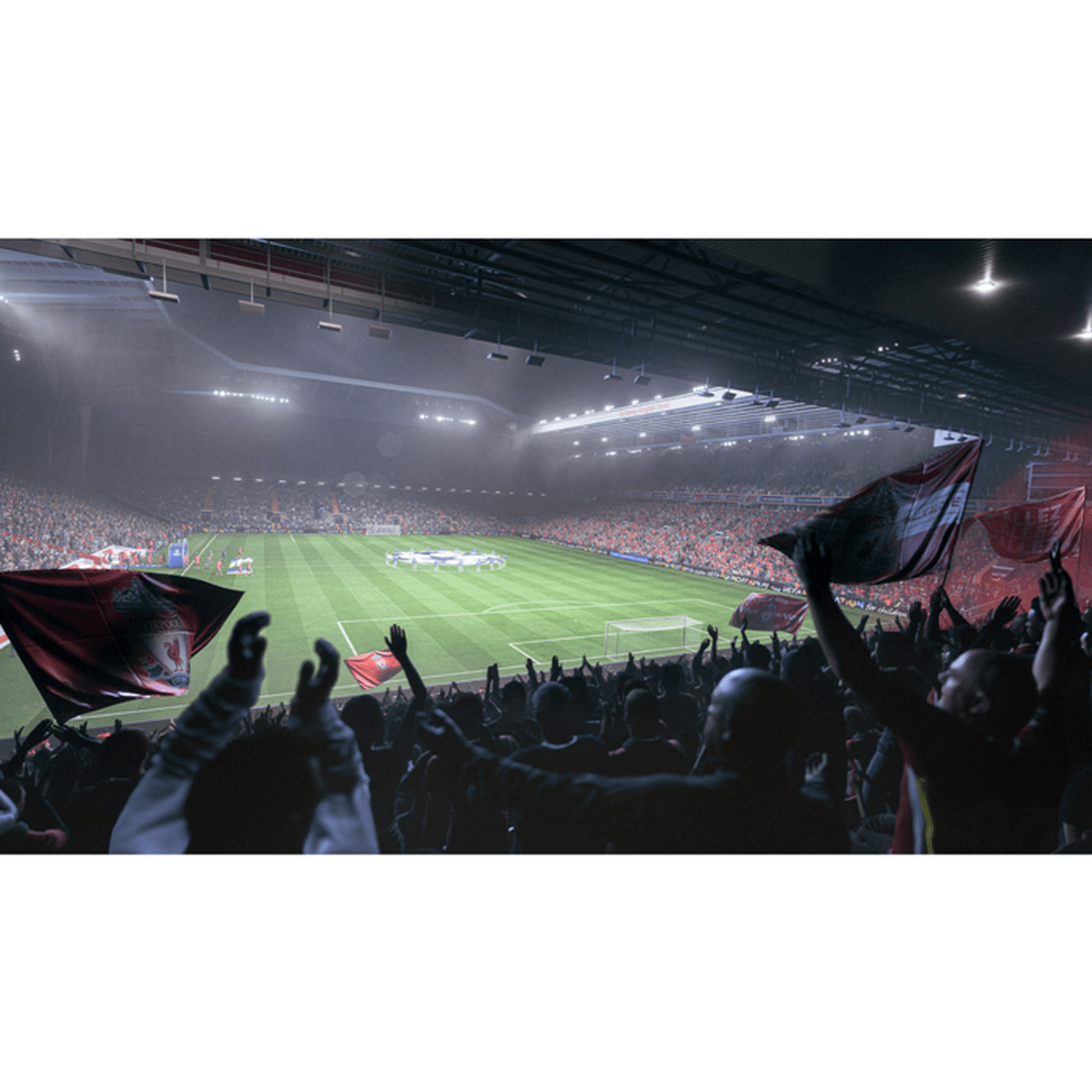 Stadion piłkarski z kibicami wznoszącymi okrzyki i machającymi flagami. Widoczne boisko.