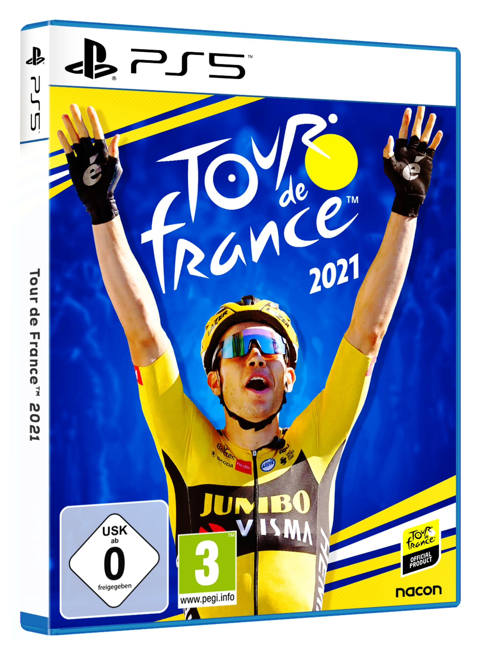 PS5 Tour de France 2021 Spielhülle: Radfahrer im gelben Trikot mit erhobenen Armen.