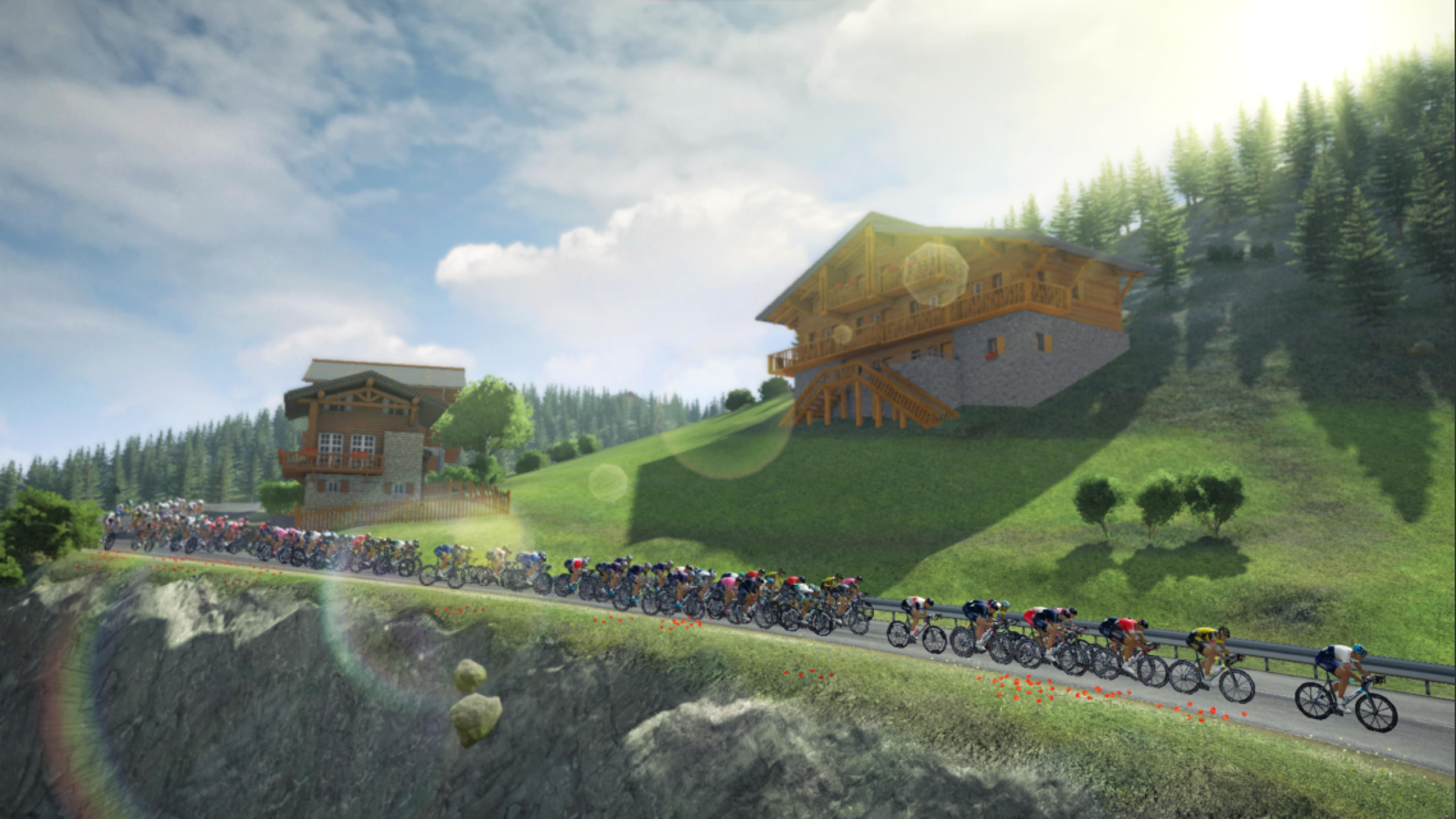Radsportler auf einer Bergstraße, mit Chalets und Nadelbäumen.