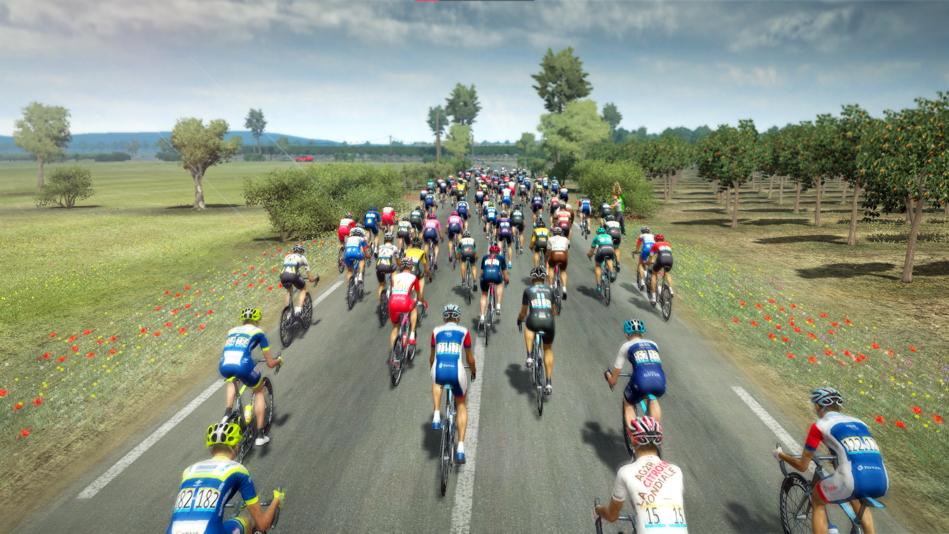 Radsportler auf einer Straße, umgeben von Bäumen und Blumen.