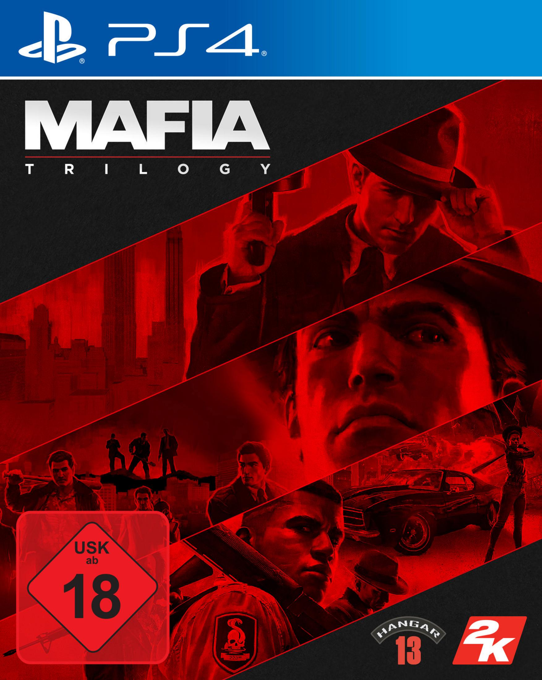 Copertina gioco Playstation 4 Mafia Trilogy con uomini, auto, città e bollino USK 18.
