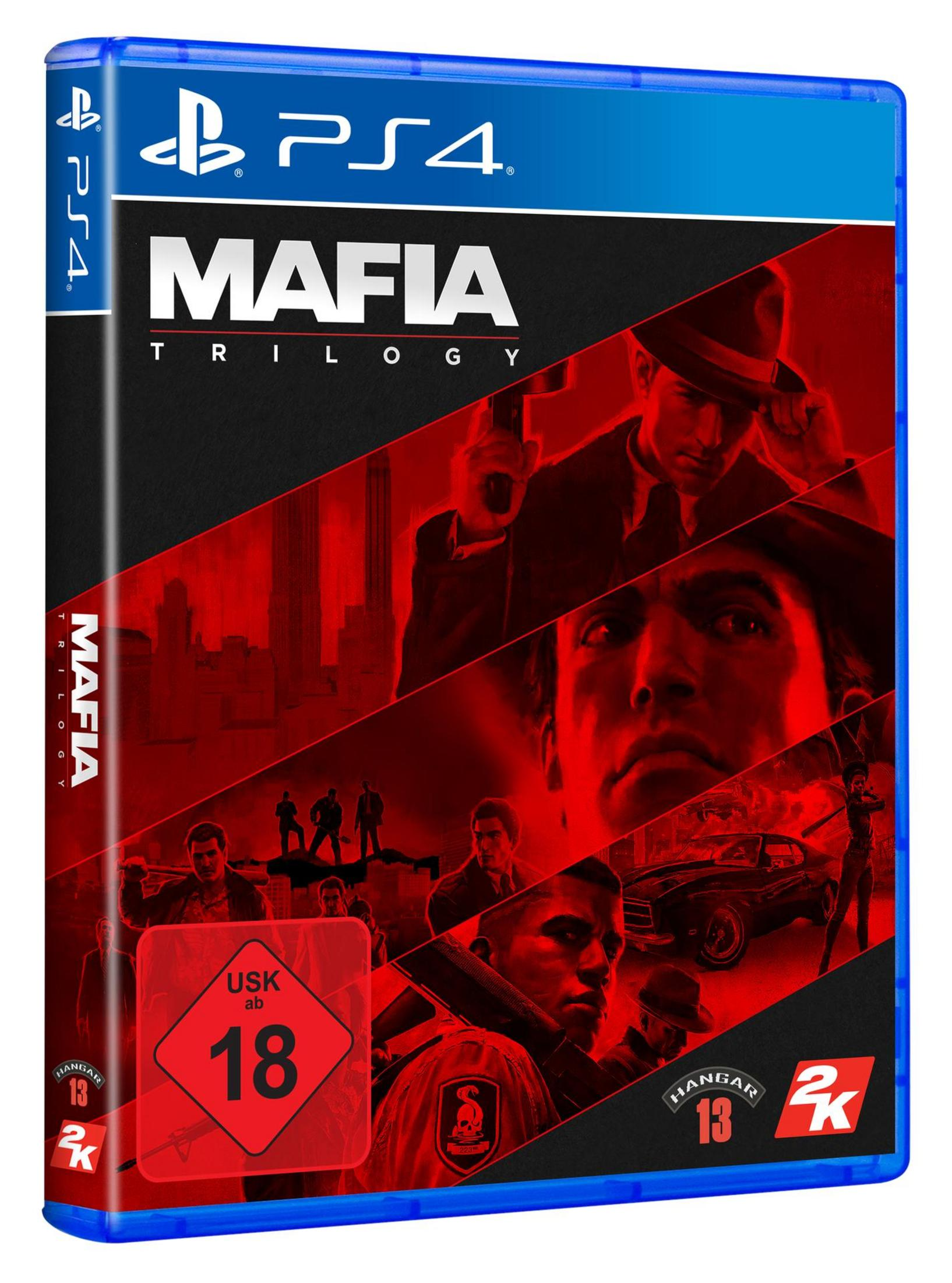 Copertina gioco Playstation 4 "Mafia Trilogy" con immagini di gangster e logo USK 18.