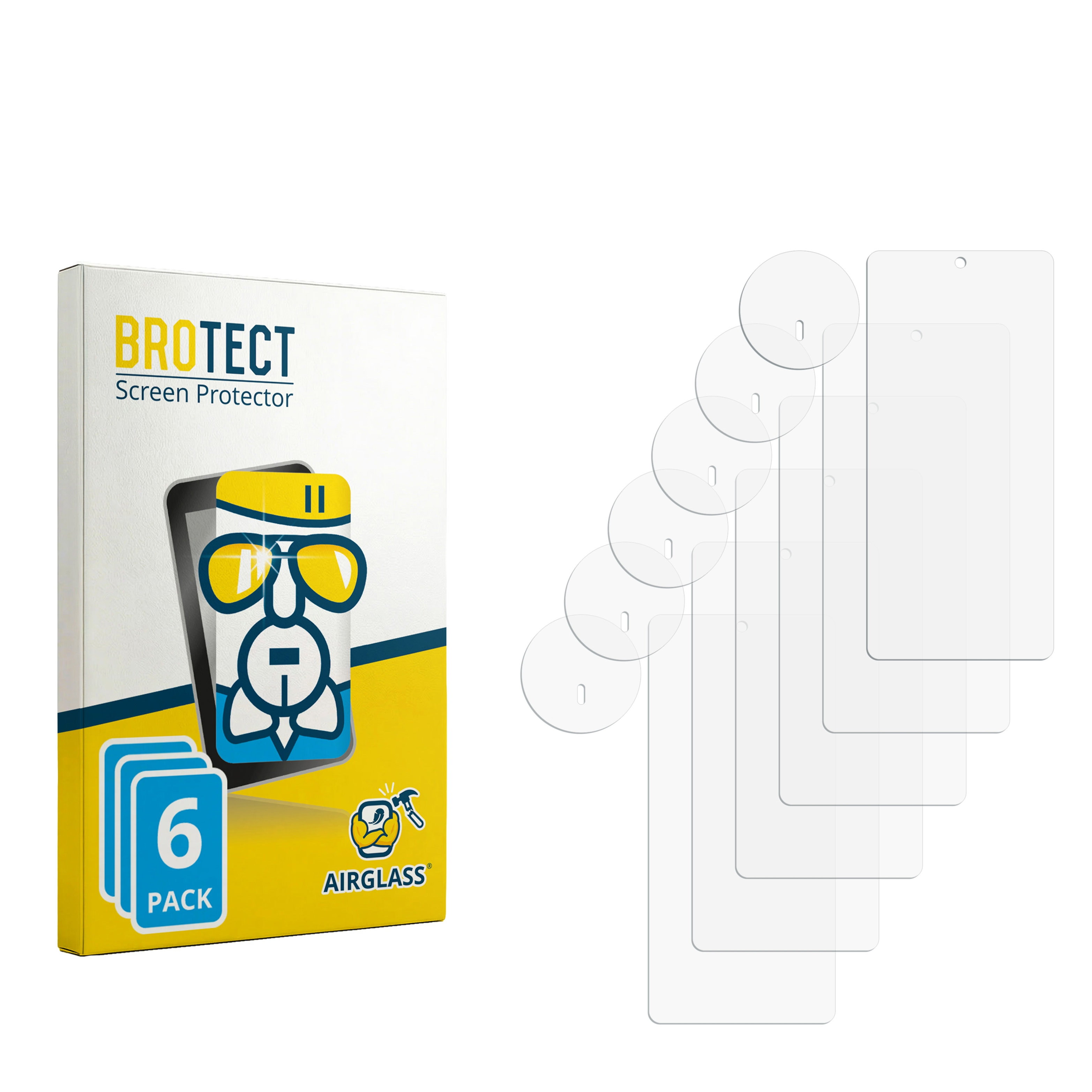Verpackung für Displayschutzfolien mit 6 Stück und einzelnen Folien.