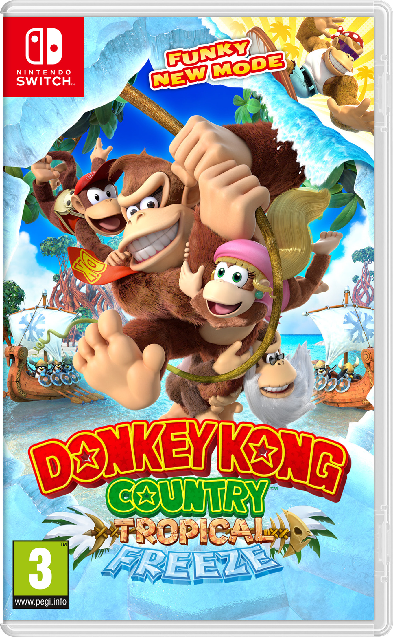 Okładka Donkey Kong Country Tropical Freeze z Donkey Kongiem i przyjaciółmi z łodziami wikingów.