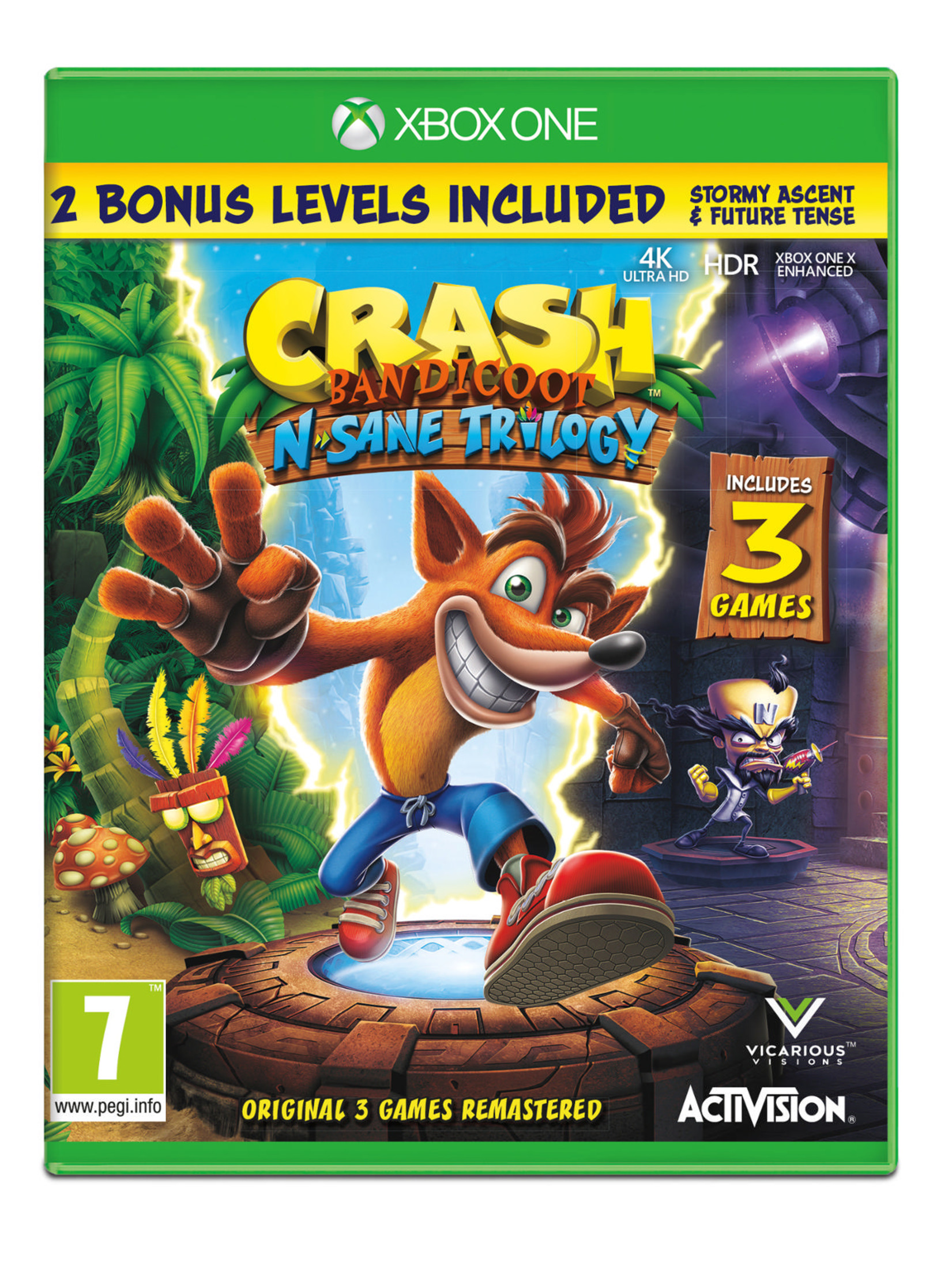 Copertina Xbox One di Crash Bandicoot N-Sane Trilogy: Crash posa con una maschera tiki e il Dr. Neo Cortex.