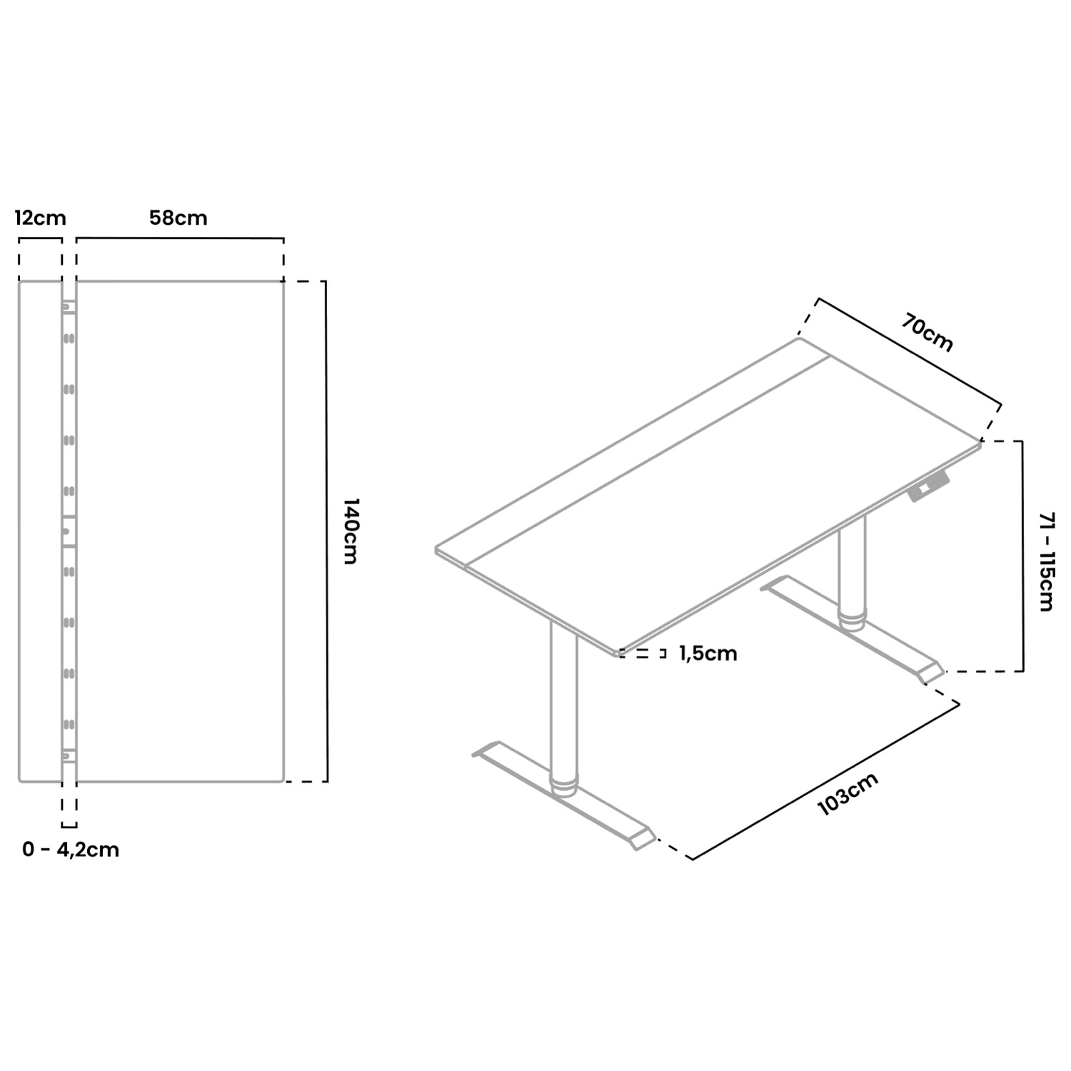 Disegno tecnico di una scrivania regolabile in altezza con dimensioni.