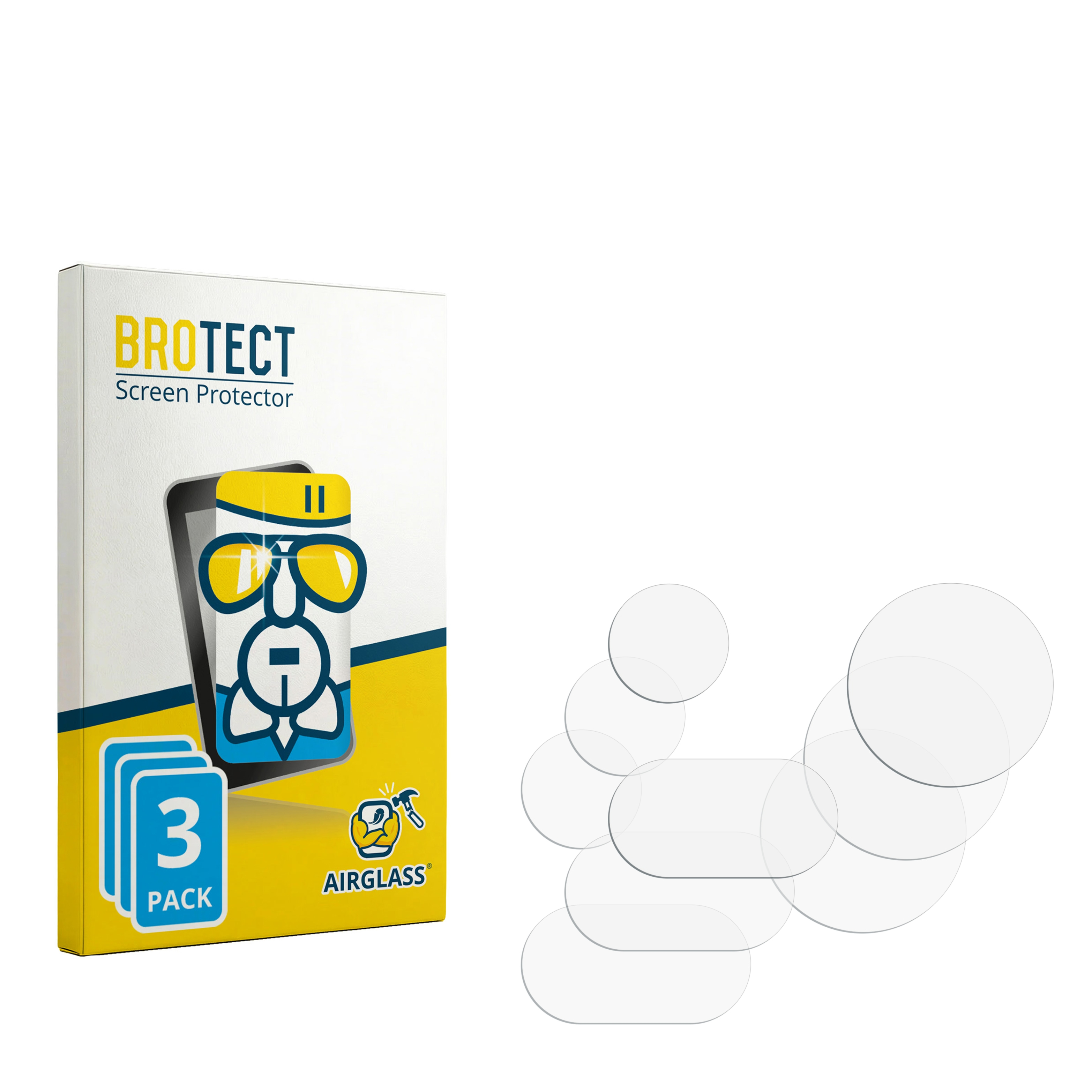 Verpackung für BROTECT Displayschutzfolie, 3 Stück, mit mehreren runden und rechteckigen Schutzfolien.
