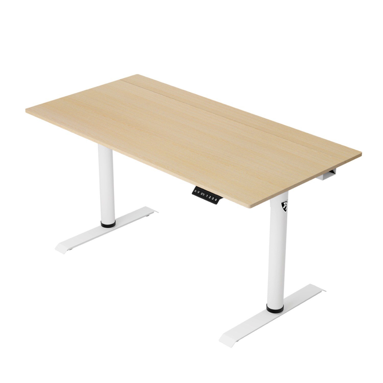 Una scrivania rettangolare chiara con telaio bianco e piano in legno.