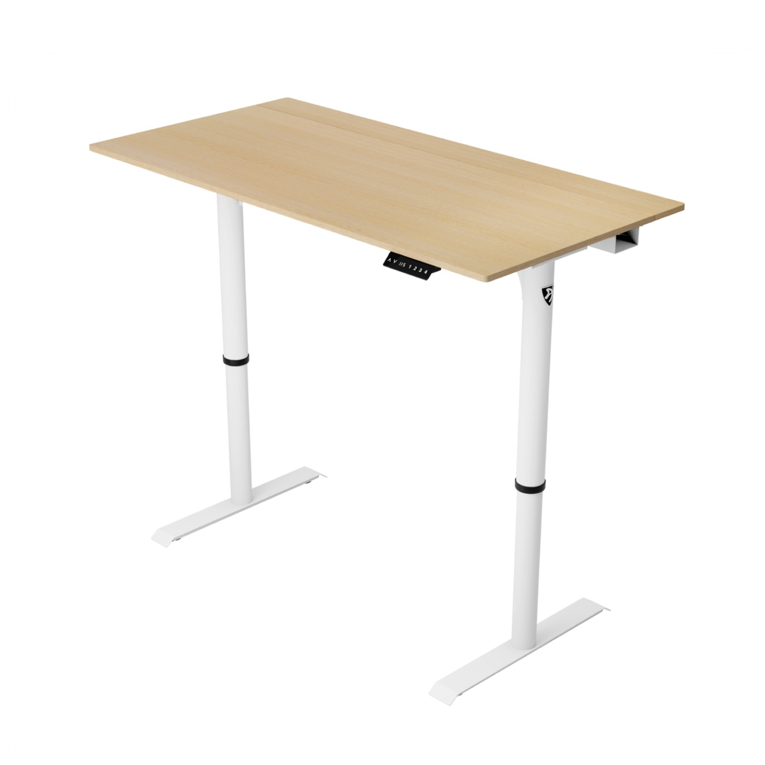Una scrivania in legno chiaro con gambe bianche e pannello di controllo.
