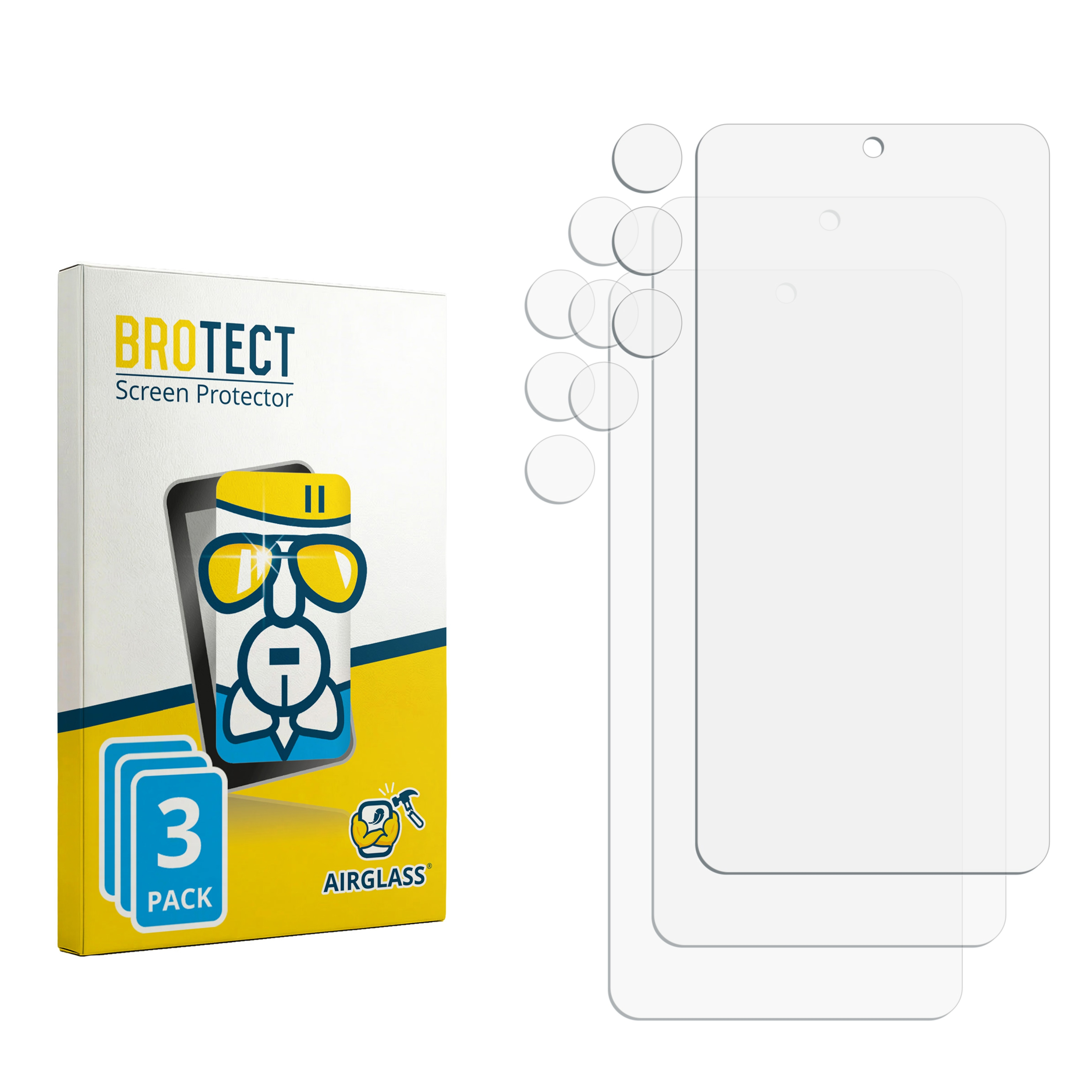BROTECT Displayschutzfolie 3er Pack Box neben drei klaren Schutzfolien und kleinen Kreisen.