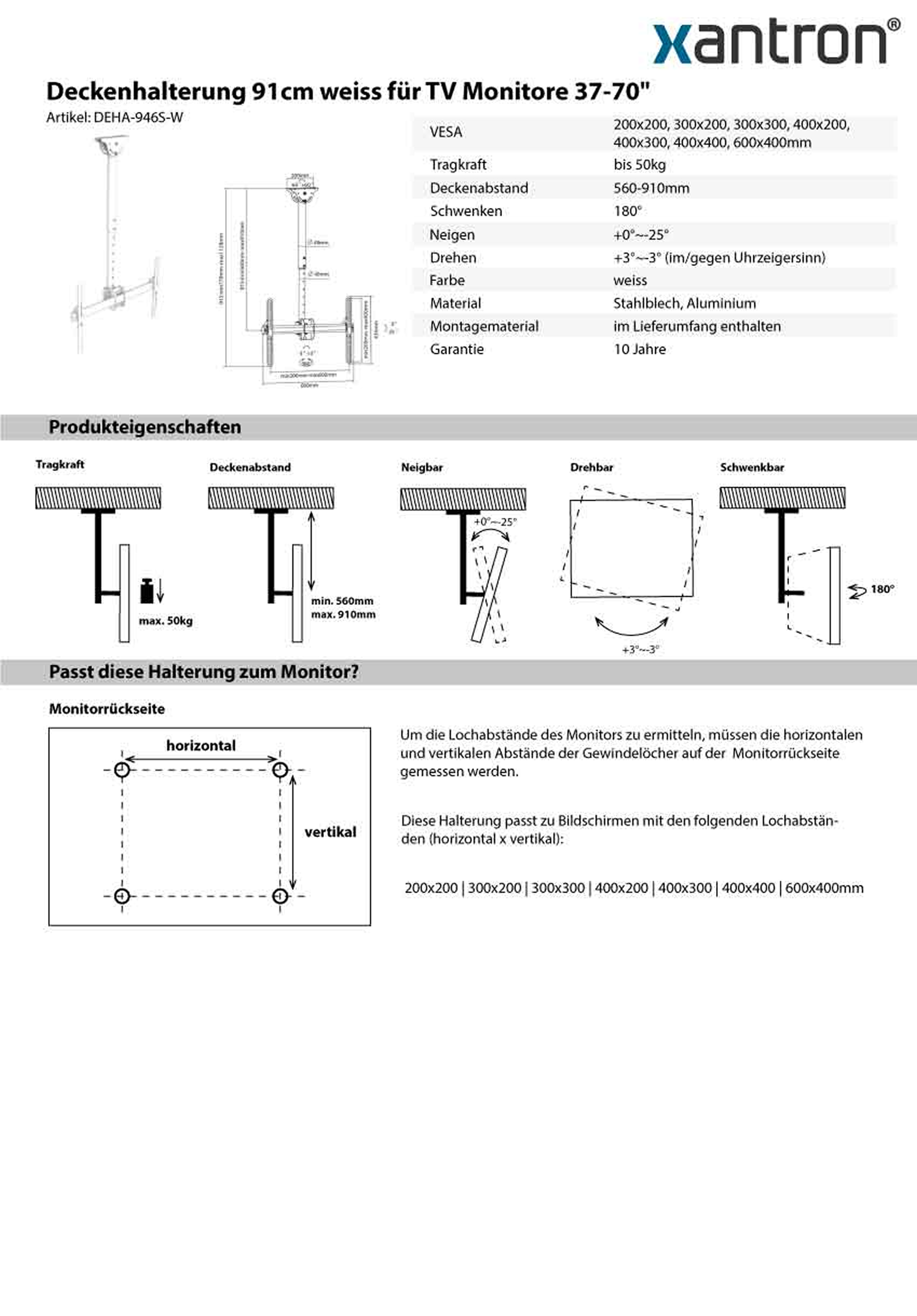 Weiße TV-Deckenhalterung für 37-70 Zoll Monitore, bis 50kg, 560-910mm, 180° schwenkbar.