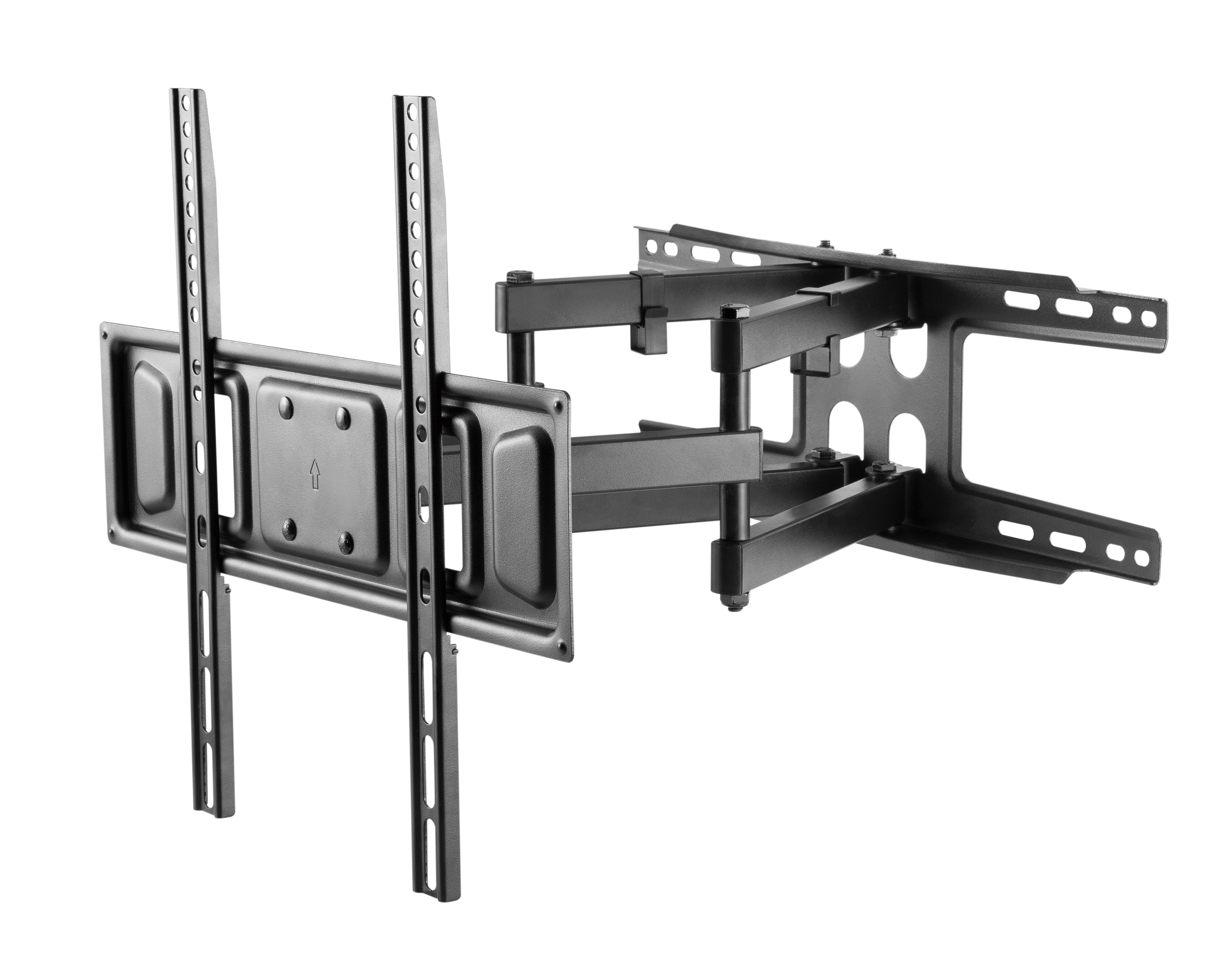 Ein schwarzer, schwenkbarer Wandhalter für Fernseher mit verstellbaren Armen.