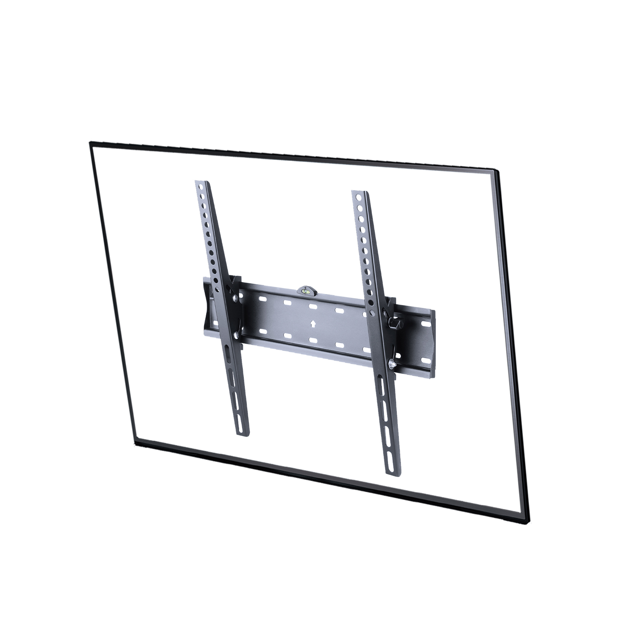 Soporte de pared para TV negro con brazos ajustables sobre fondo blanco.