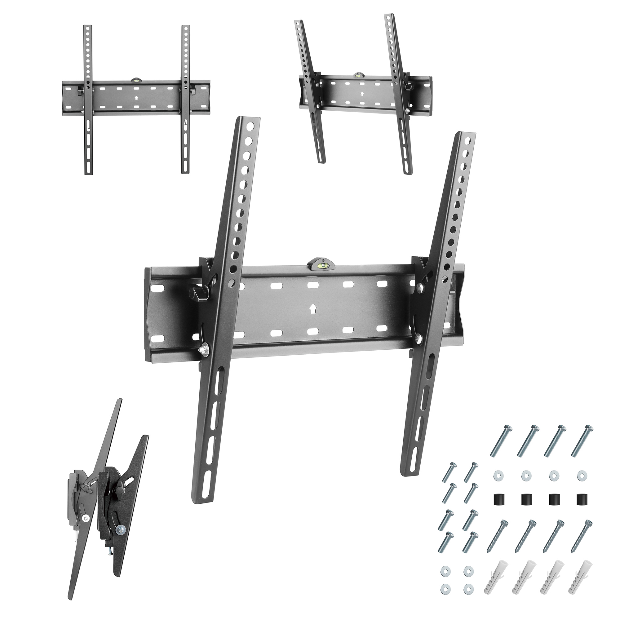 Múltiples soportes de pared negros para TV y herrajes.