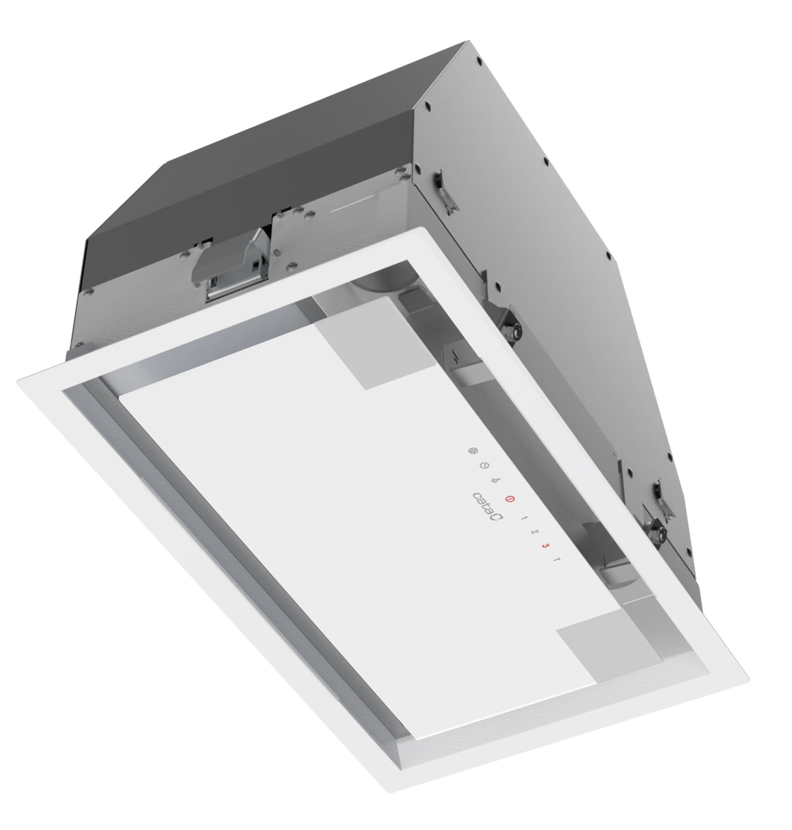 Campana extractora integrada con frontal blanco y controles plateados.