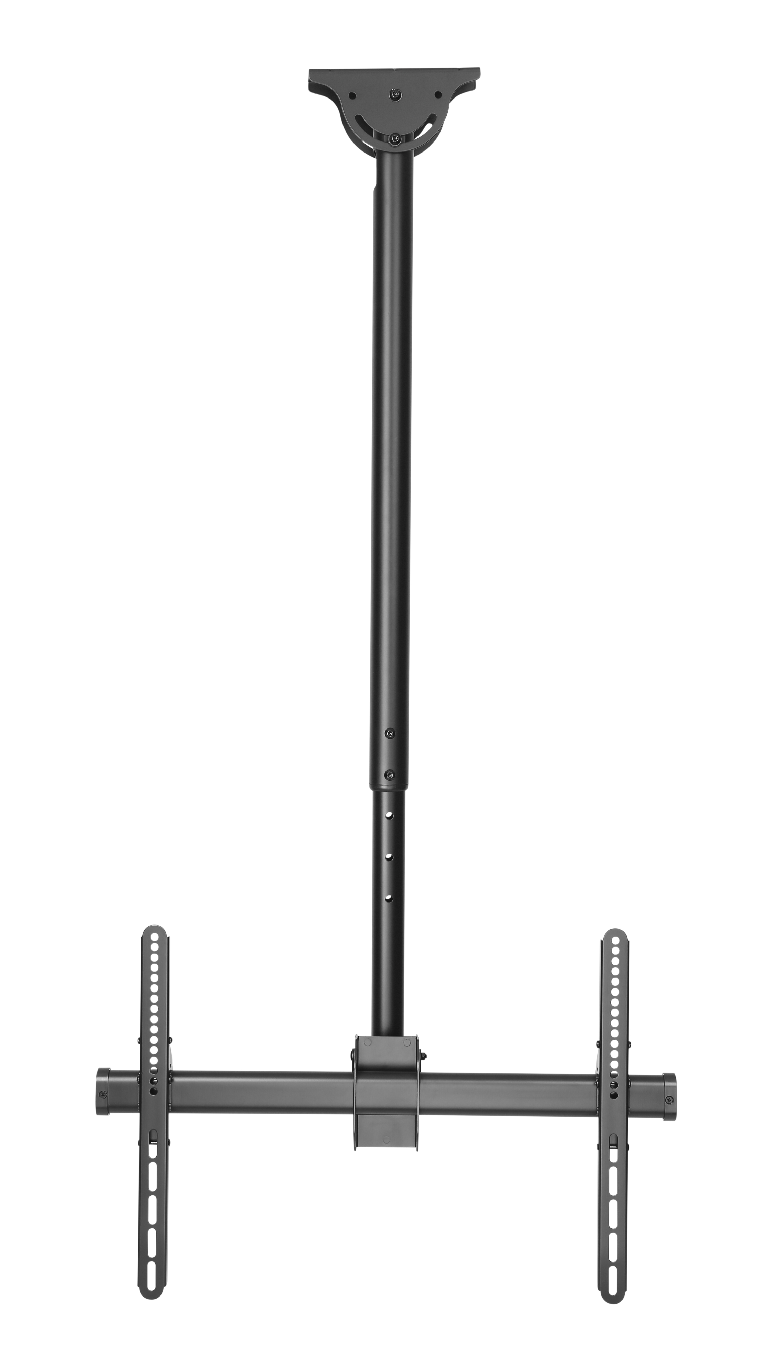 Schwarze Deckenhalterung für Fernseher mit verstellbarem Mast und Haltearmen.