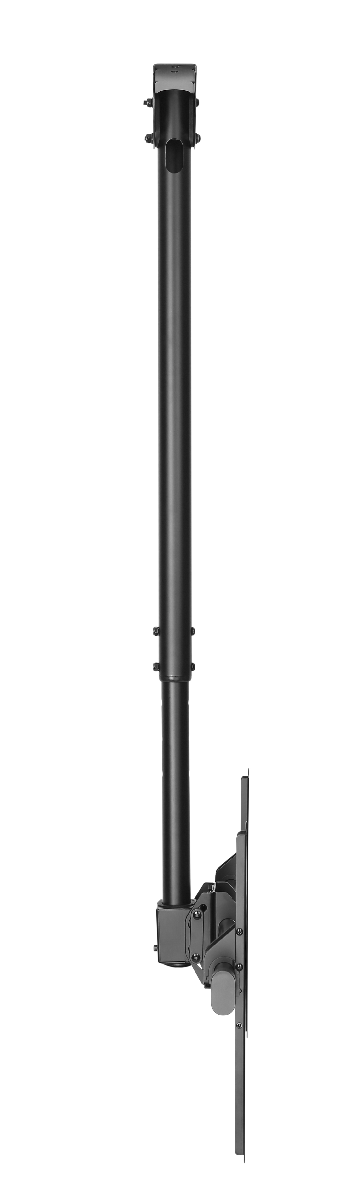 Schwarze Deckenhalterung für Bildschirm mit verstellbarem Arm und Montageplatte.