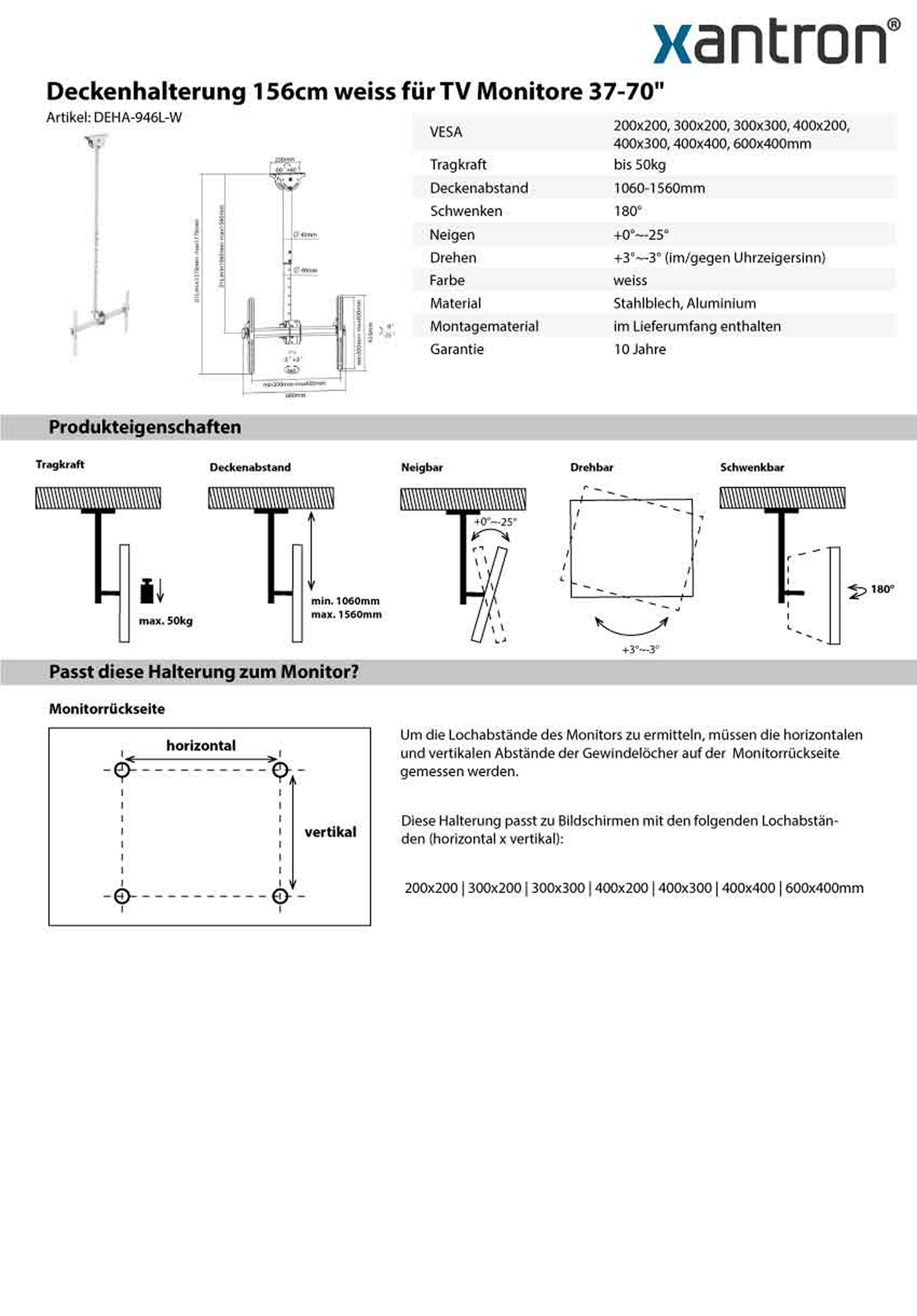 Deckenhalterung für 37-70 Zoll Monitore, weiß, bis 50kg, 1060-1560mm Länge.