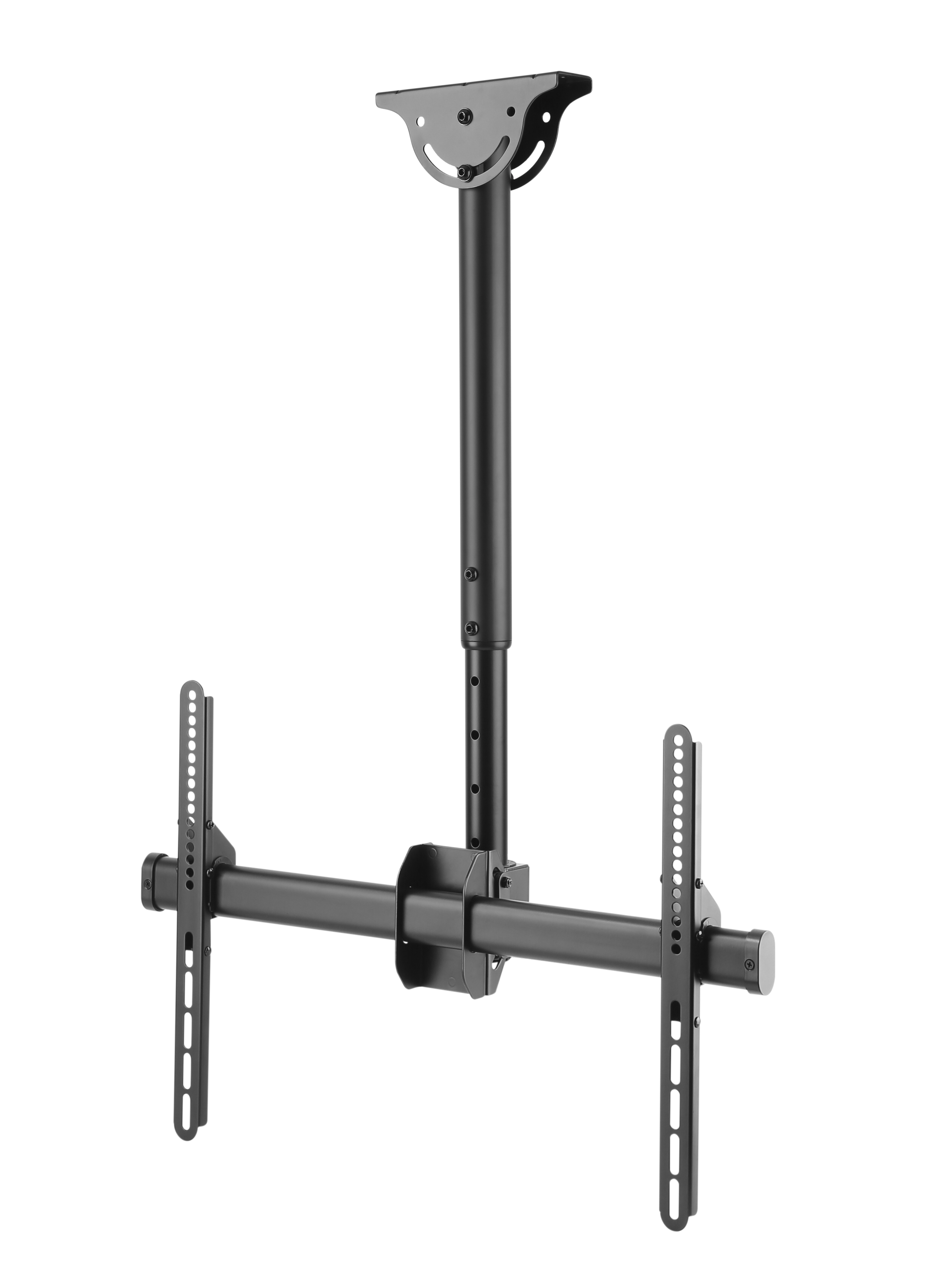 Schwarze Deckenhalterung für Fernseher mit verstellbarem Arm und Halterungen.