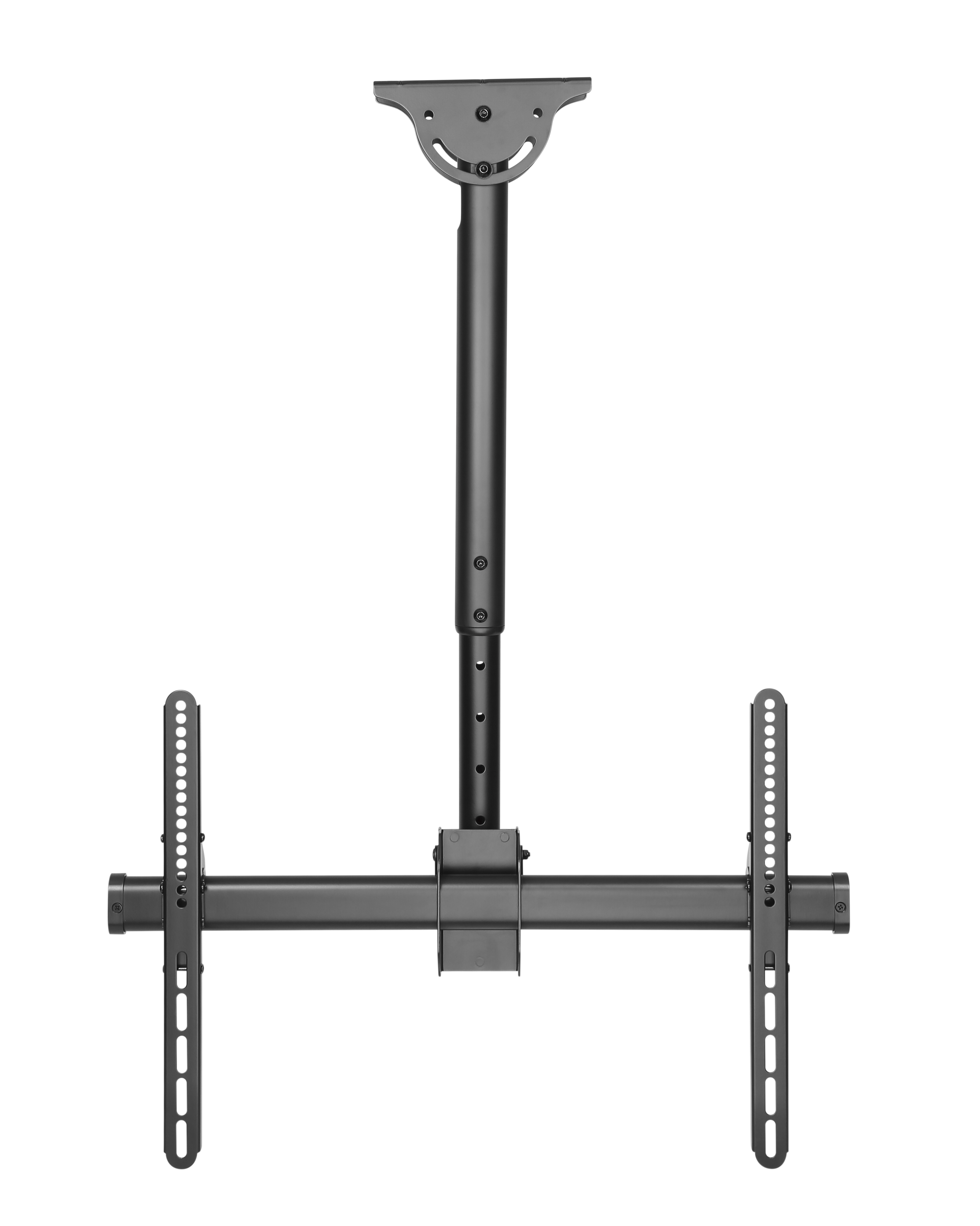 Schwarze Deckenhalterung für Fernseher mit verstellbarem Arm und VESA-Halterungen.