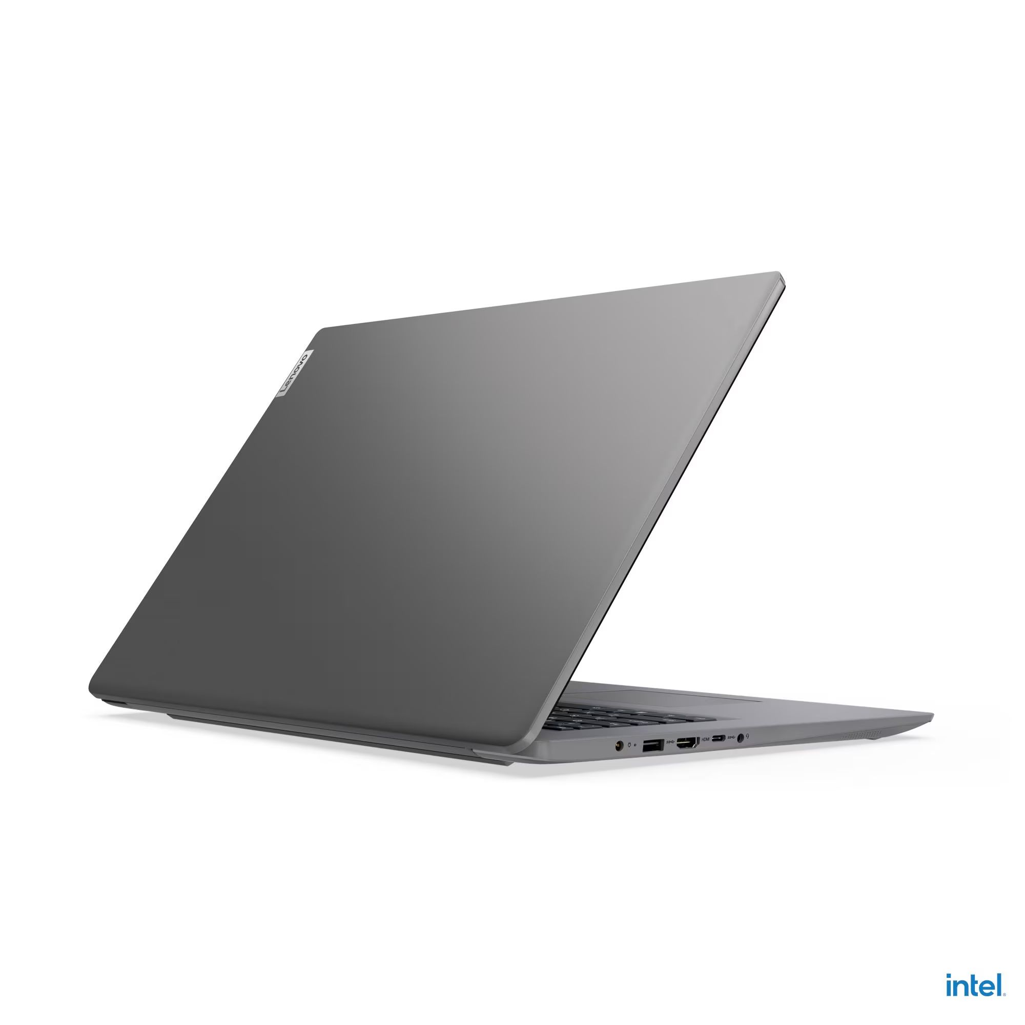 Grauer Lenovo Laptop, teilweise geöffnet, mit Anschlüssen an der Seite.
