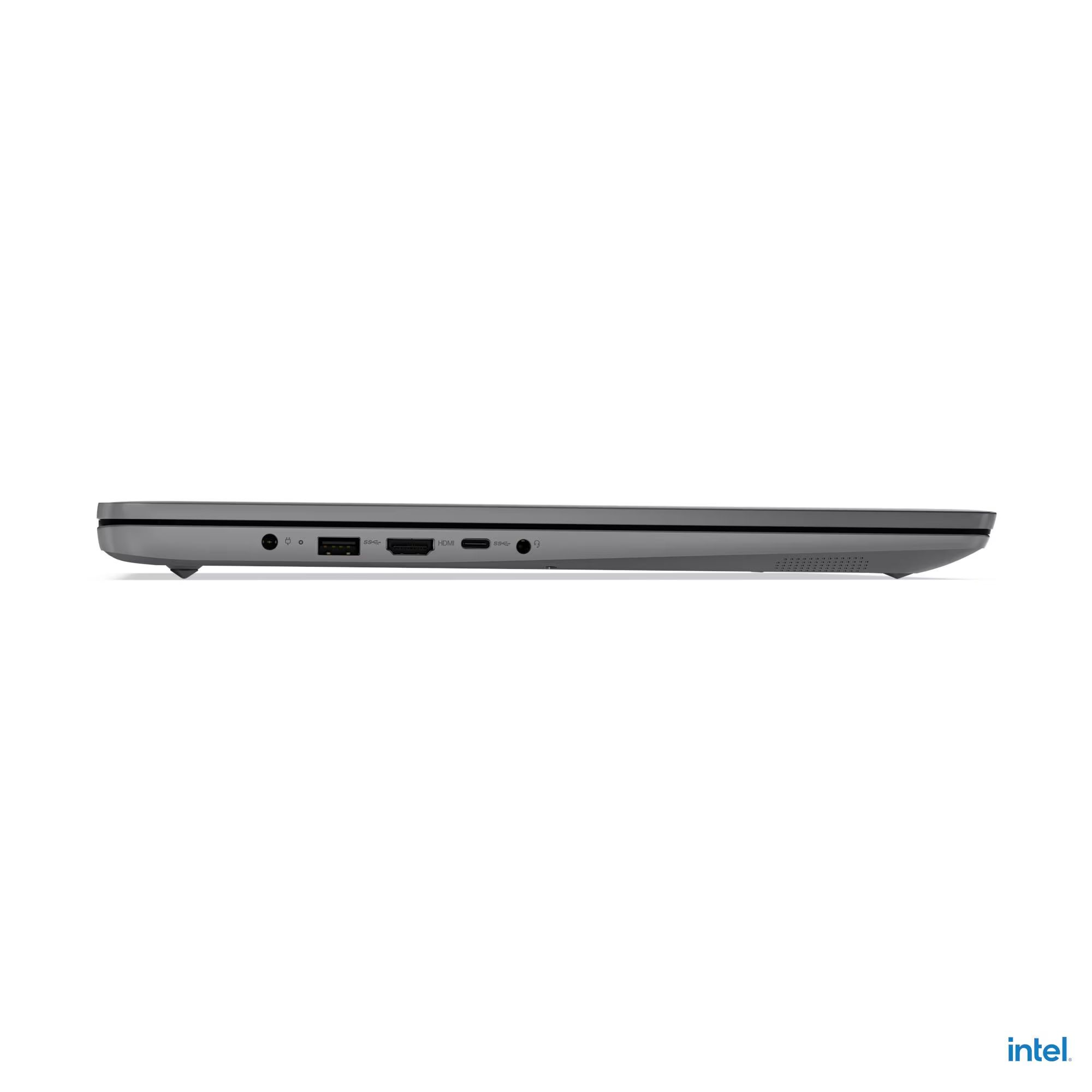 Grauer Laptop von der Seite mit Anschlüssen: USB, HDMI, USB-C, Audio.