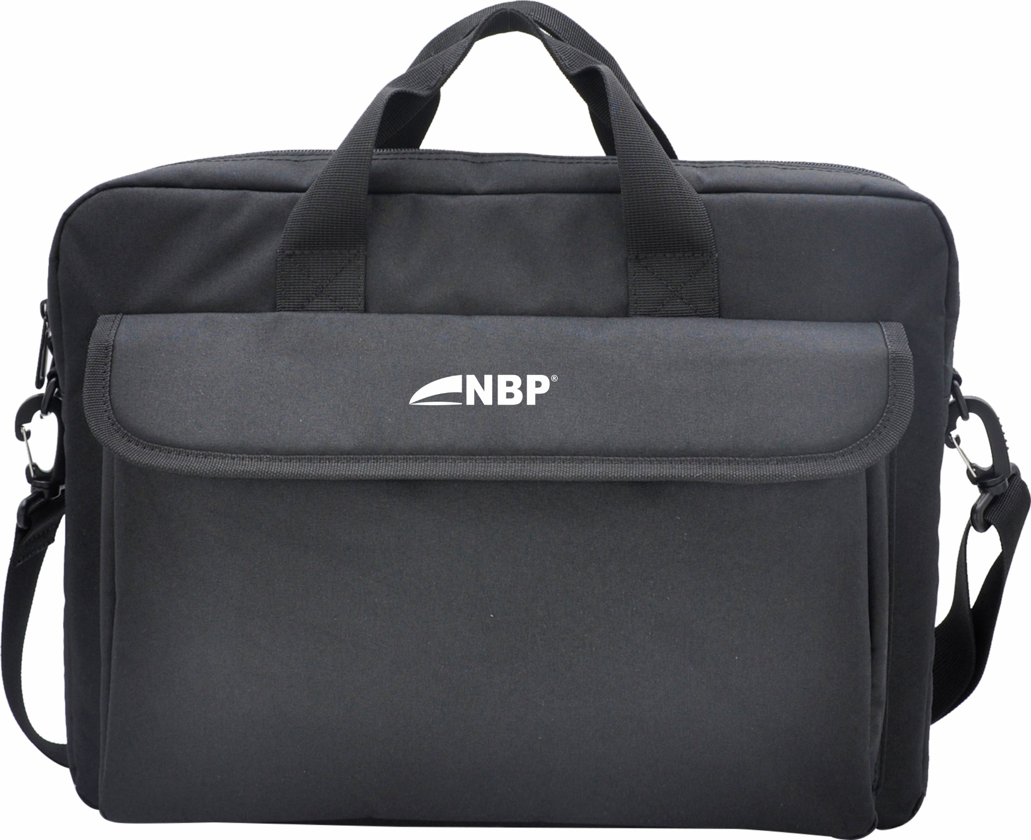 Schwarze Laptoptasche mit NBP-Logo, Tragegriffen und Schultergurt.