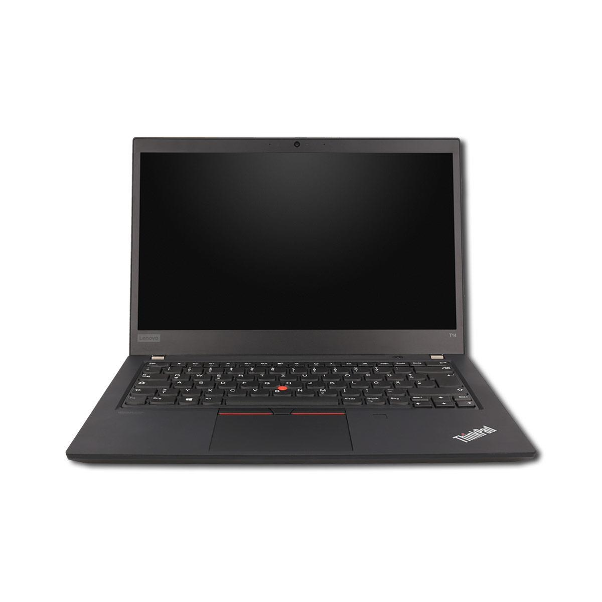 Ein schwarzer Lenovo ThinkPad T14 Laptop ist geöffnet und zeigt einen leeren schwarzen Bildschirm und eine Tastatur.