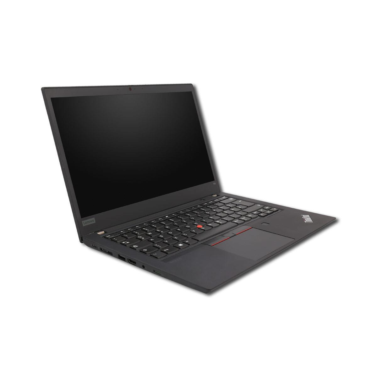 Ein schwarzer Lenovo ThinkPad Laptop mit geöffnetem Bildschirm, von der Seite gesehen.