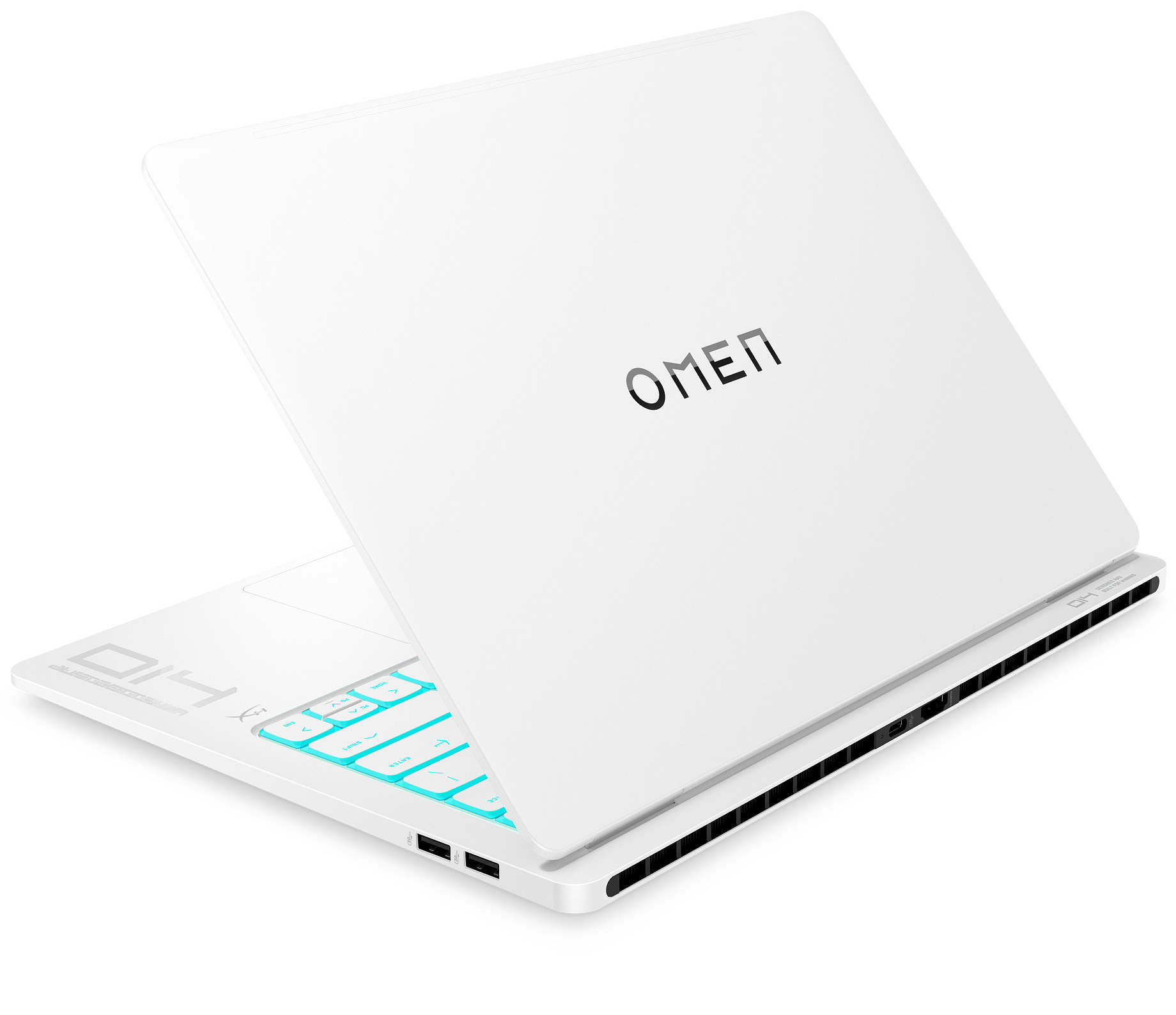 Ein weißer Laptop mit beleuchteter blauer Tastatur und dem OMEN-Logo.