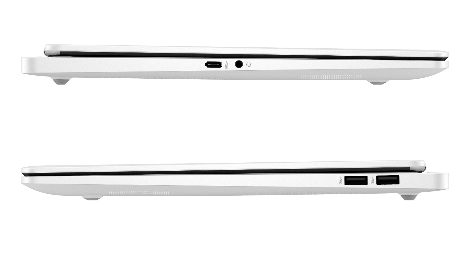 Weiße Laptops mit USB-C, Kopfhöreranschluss und zwei USB-Anschlüssen.