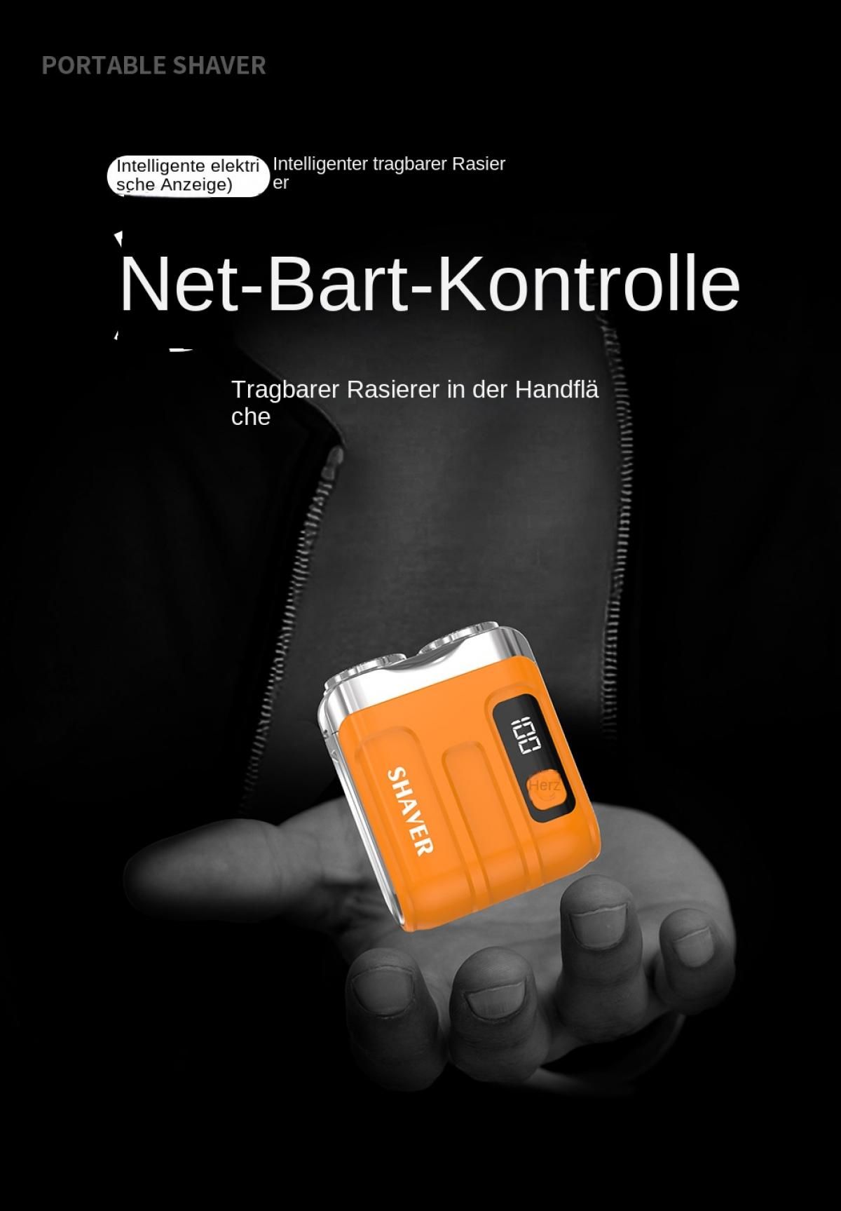 Ein orangefarbener Rasierer mit digitaler Anzeige liegt in der Hand.