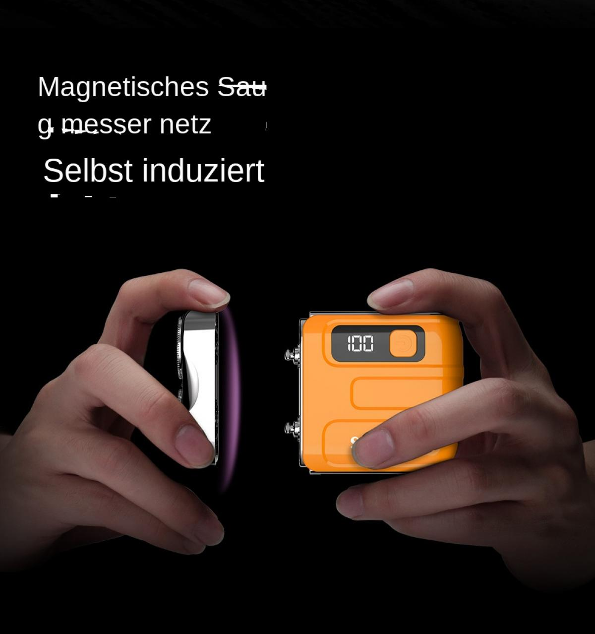 Zwei Hände halten Geräte: ein silbernes und ein orangefarbenes mit Anzeige.