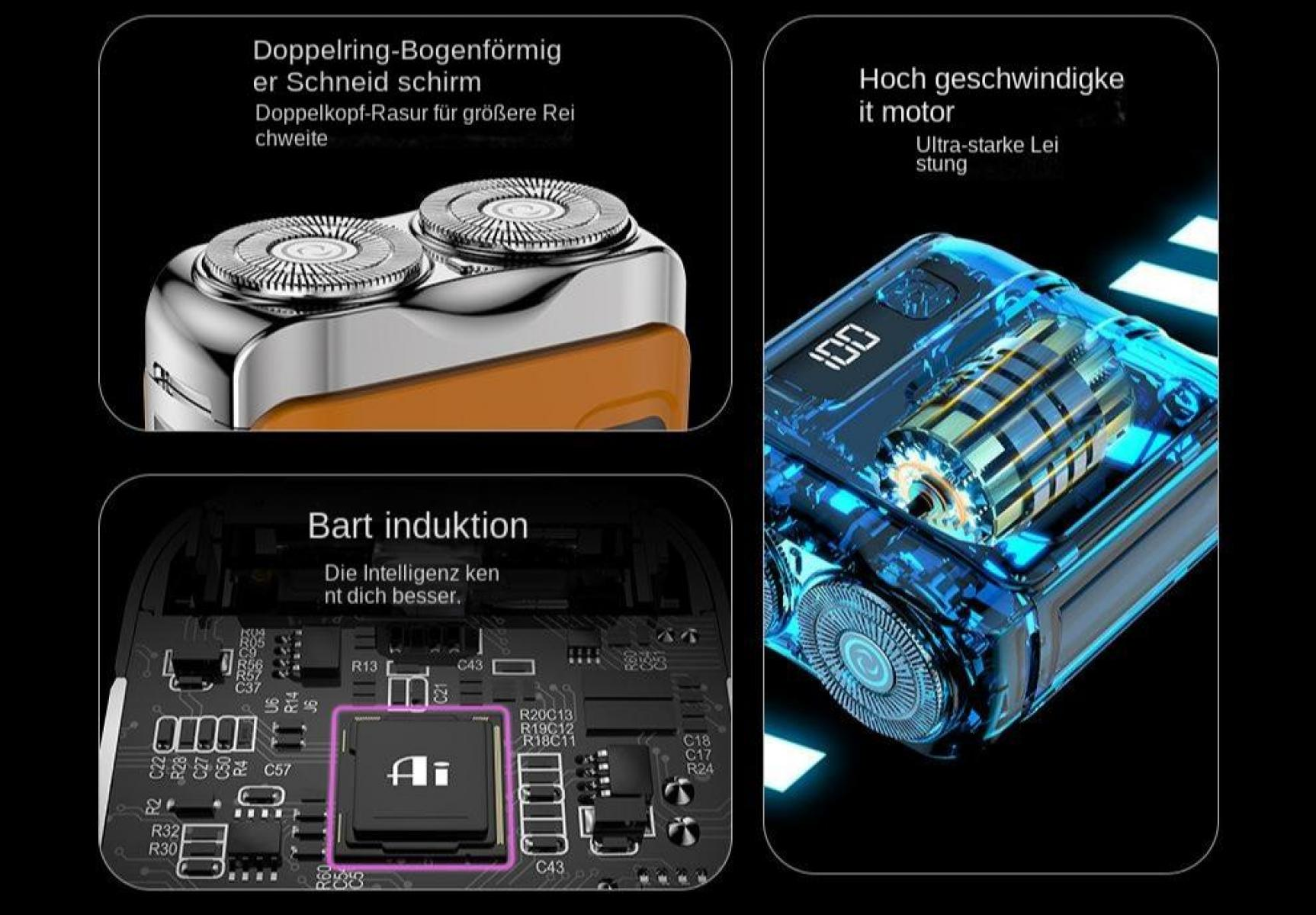 Nahaufnahme eines Rasierers und eines Motors mit Platine. Zeigt Details und Funktionen.