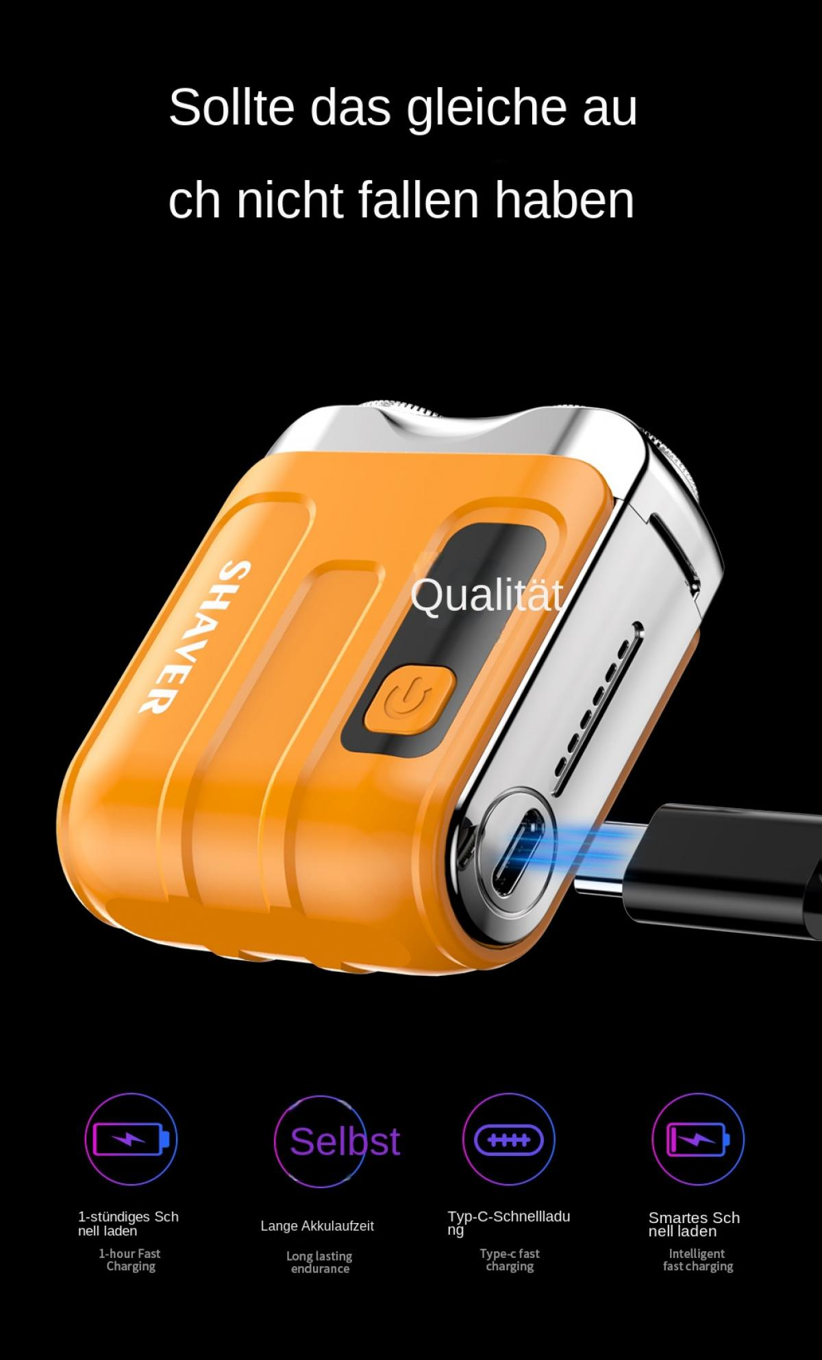 Ein orangefarbener Rasierer mit silbernen Akzenten und einem USB-C-Ladekabel.